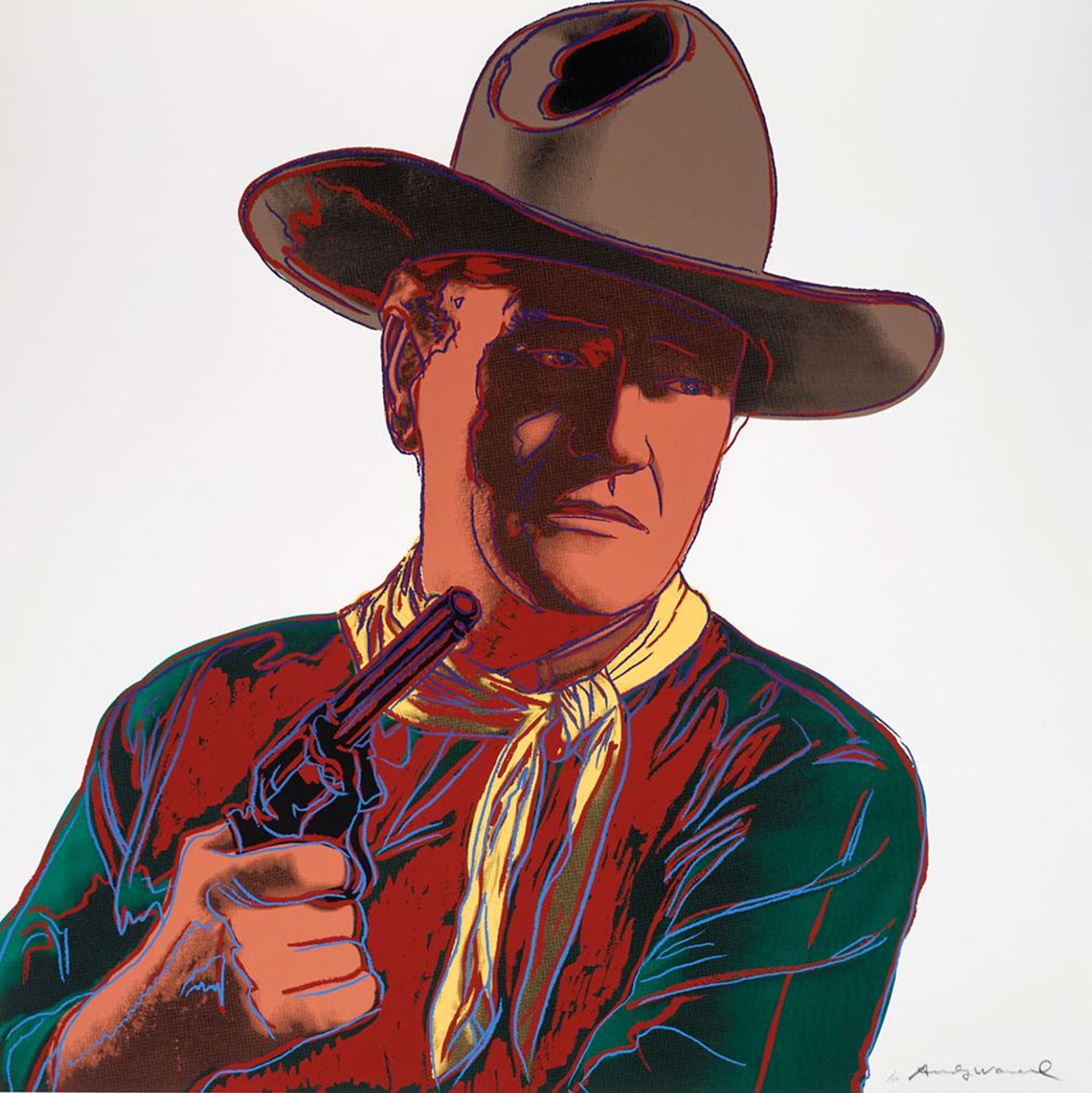 Screenprint artwork by Andy Warhol. A cropped portrait of an American Cowboy wearing a cowboy hat, holding a pistol across his chest and gazing sideways.