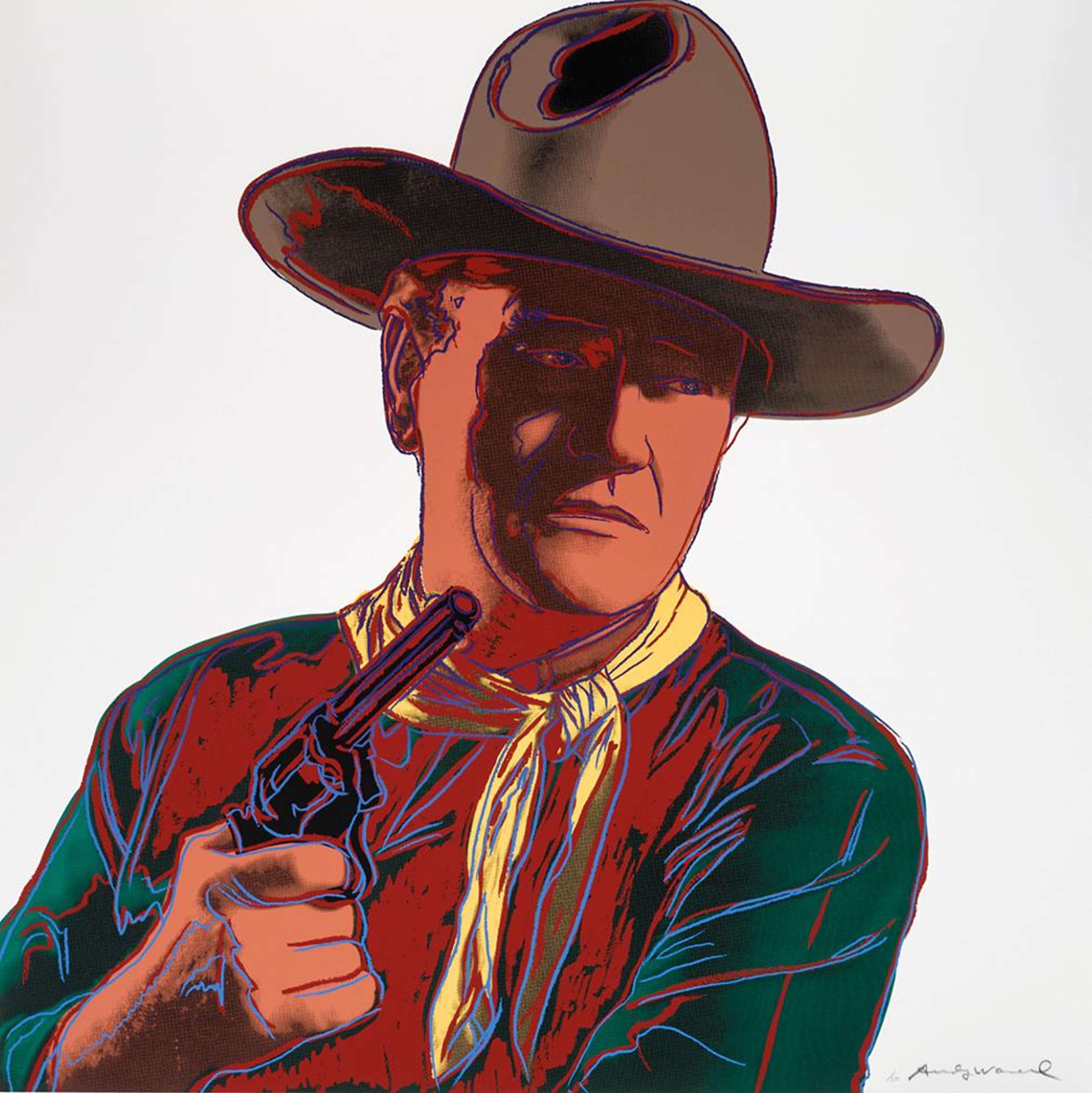 A screenprint by Andy Warhol depicting John Wayne in bright colours and vivid outlines against a white background. Wayne is pictured in a Stetson hat, pointing a gun to the right of the composition.