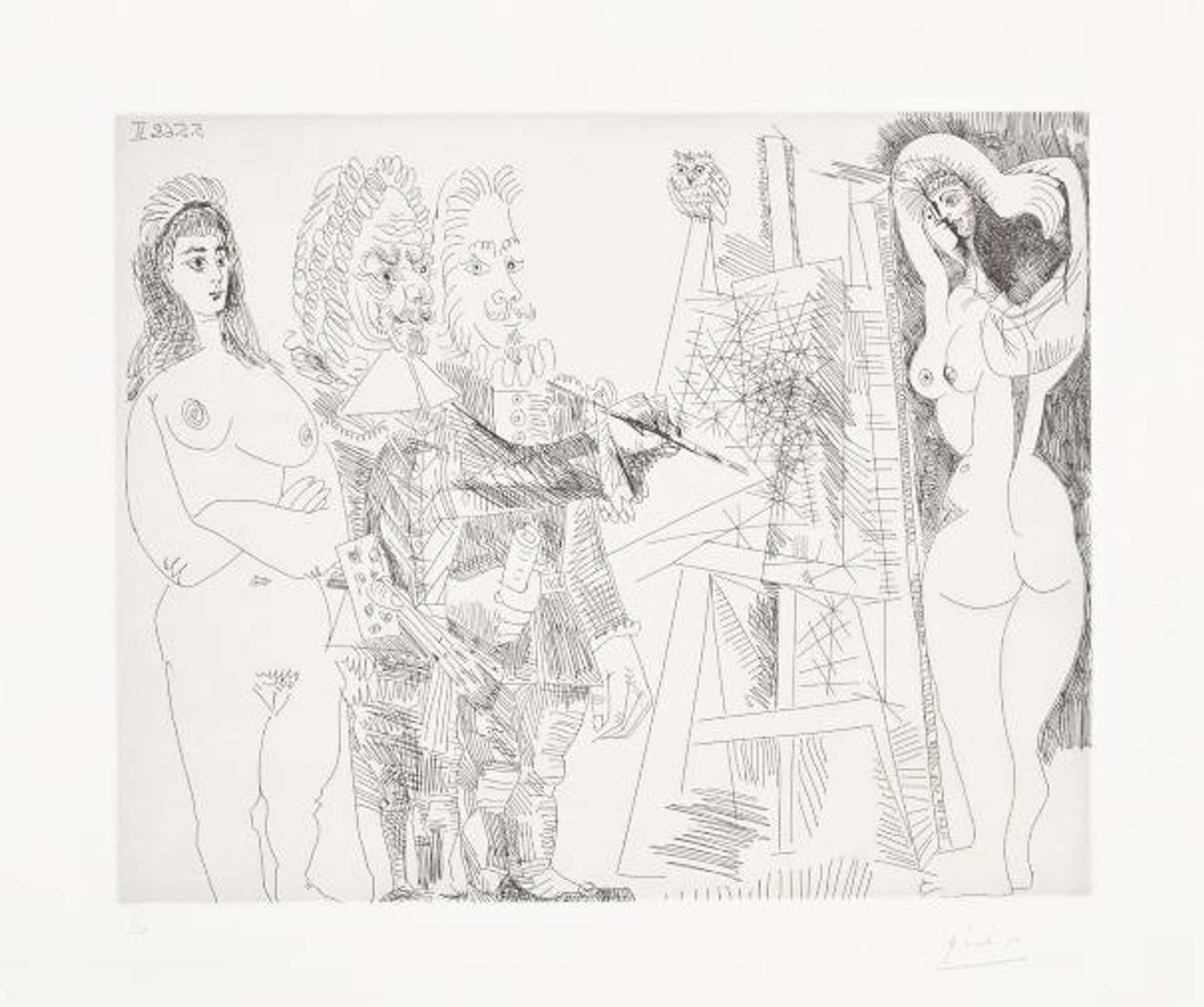 This print by Picasso shows an artist's Studio, With an Owl, Model and an Official Envoy