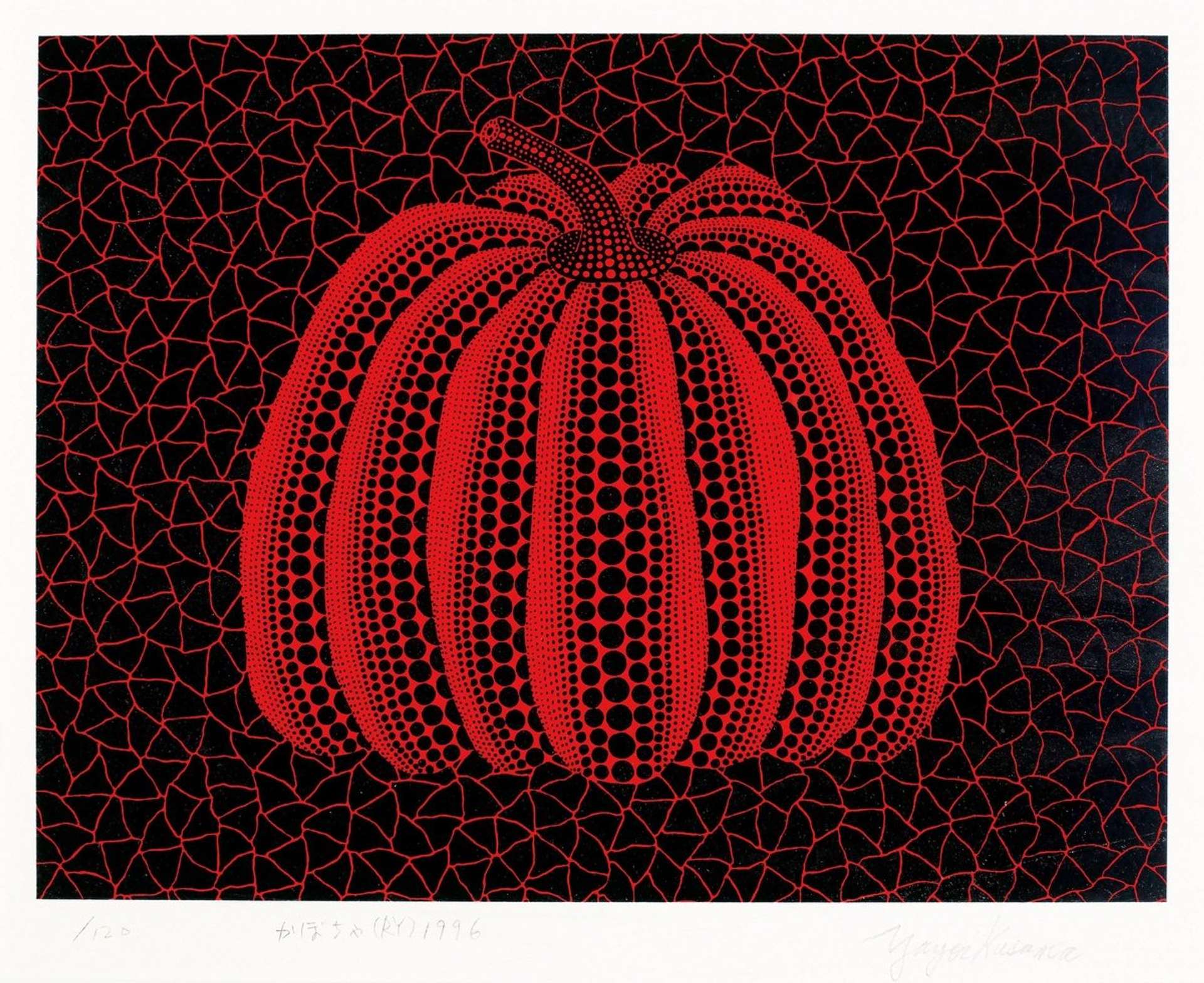 A screenprint by Yayoi Kusama depicting a red pumpkin at the centre of the composition, set against a black background with red triangles. The markings on the pumpkin are delineated with a series of black polkadots.