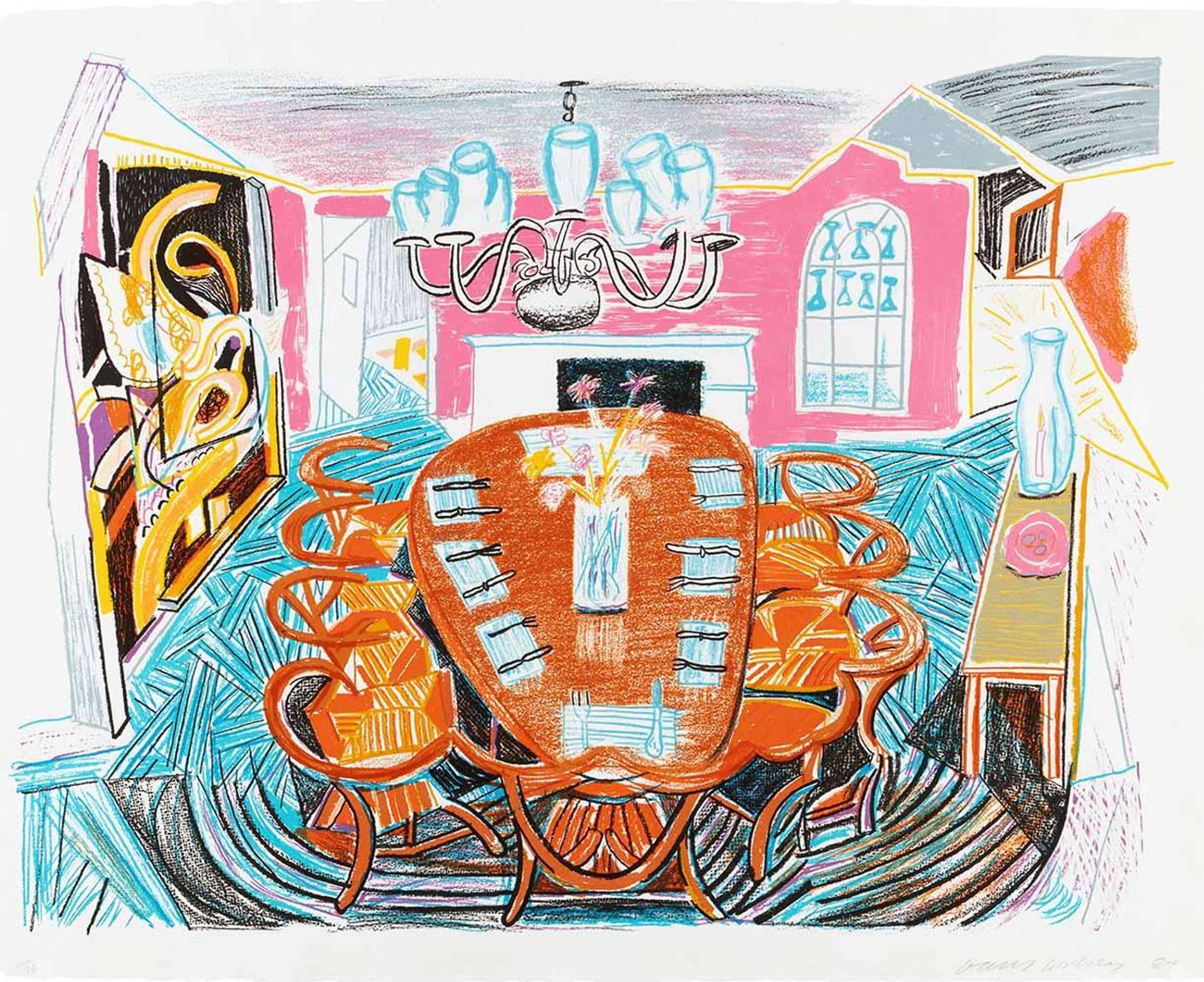 David Hockney’s Tyler Dining Room. A lithographic print of an interior dining room setting featuring light blue flooring, pink walls, a set dining table, fireplace and chandelier. 