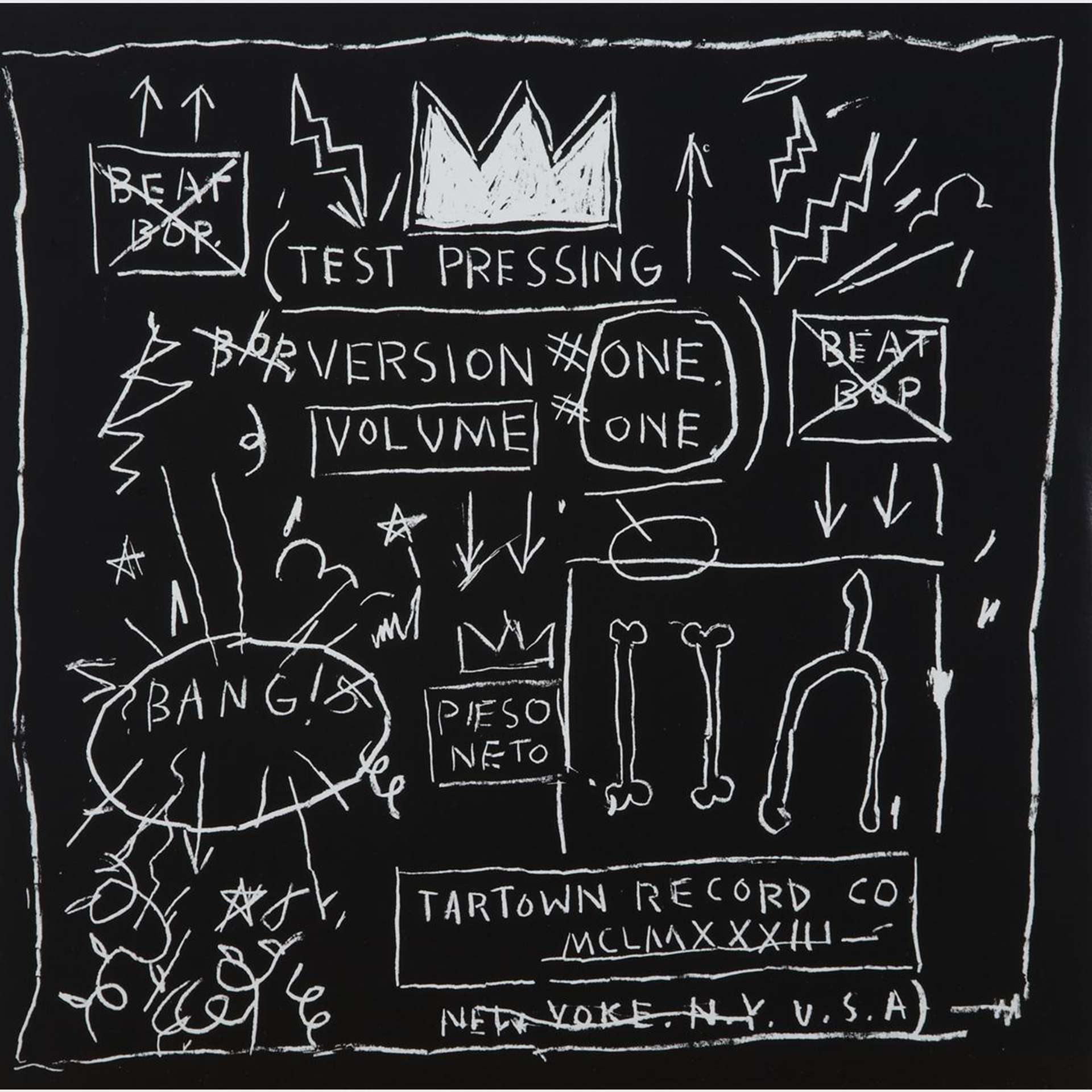 An image of the album cover for Beat Bop, designed by artist Jean-Michel Basquiat. It is a black and white drawing that includes his crown motif, rough sketches of bones, an explosion with the word "bang!", lightning bolts and Roman numerals.