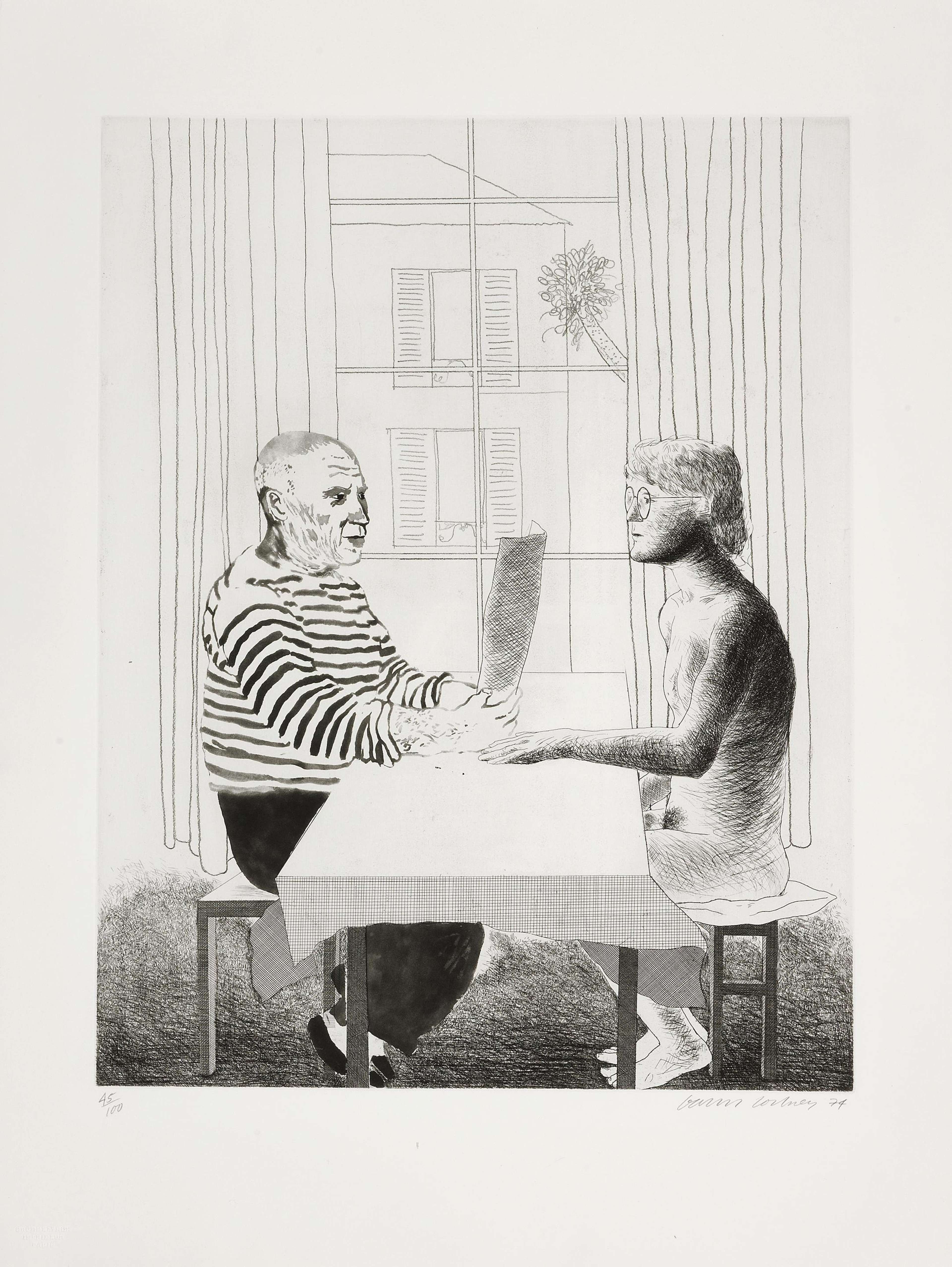 This print depicts the artist himself sat face-to-face with one of his greatest inspirations: Spanish artist Pablo Picasso. He is shown nude while Picasso is fully clothed in his signature breton shirt.