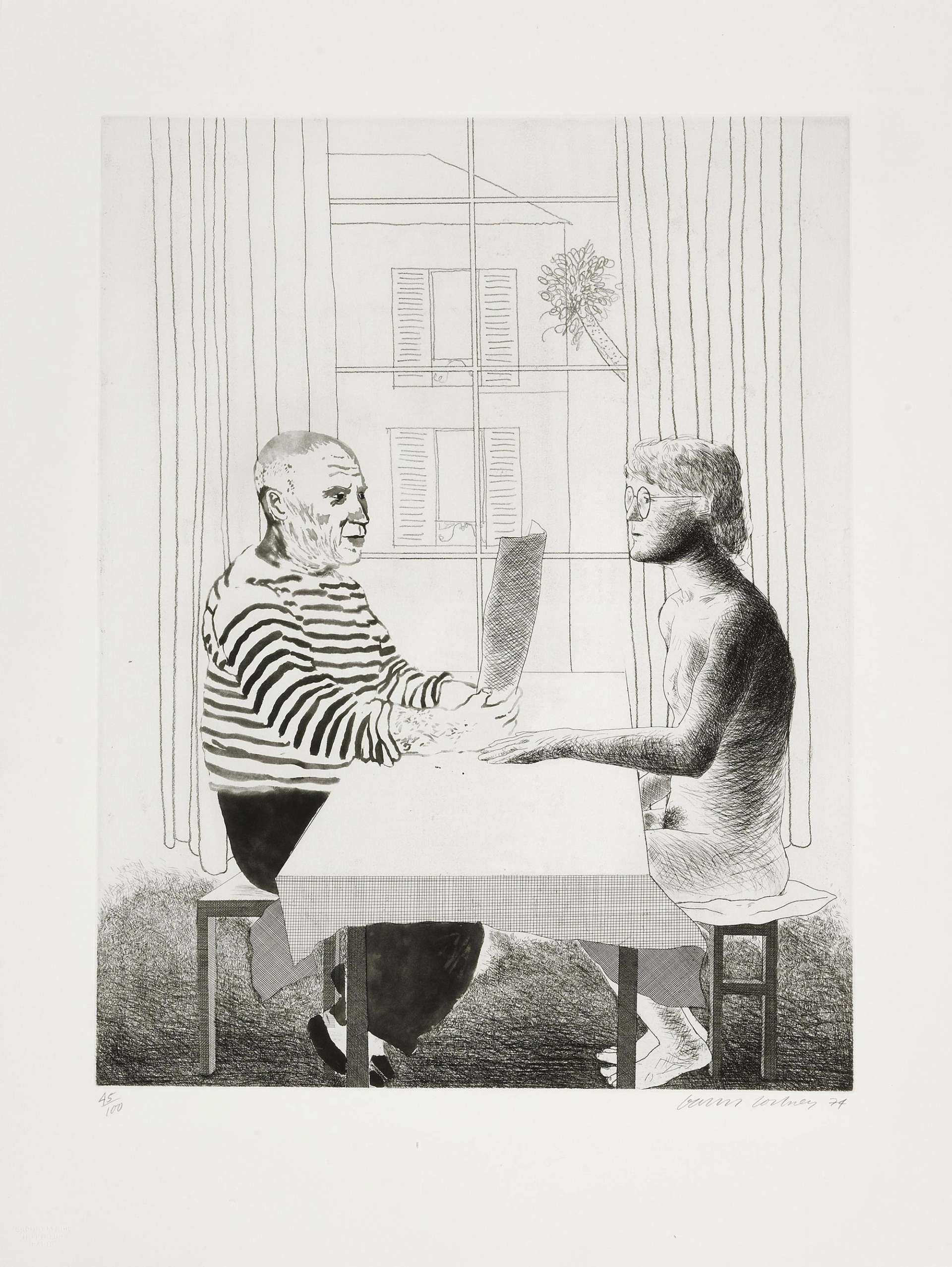 David Hockney’s Artist And Model. A monochromatic etching of a seated Pablo Picasso painting a nude David Hockney across from him at the same table in an interior setting. 