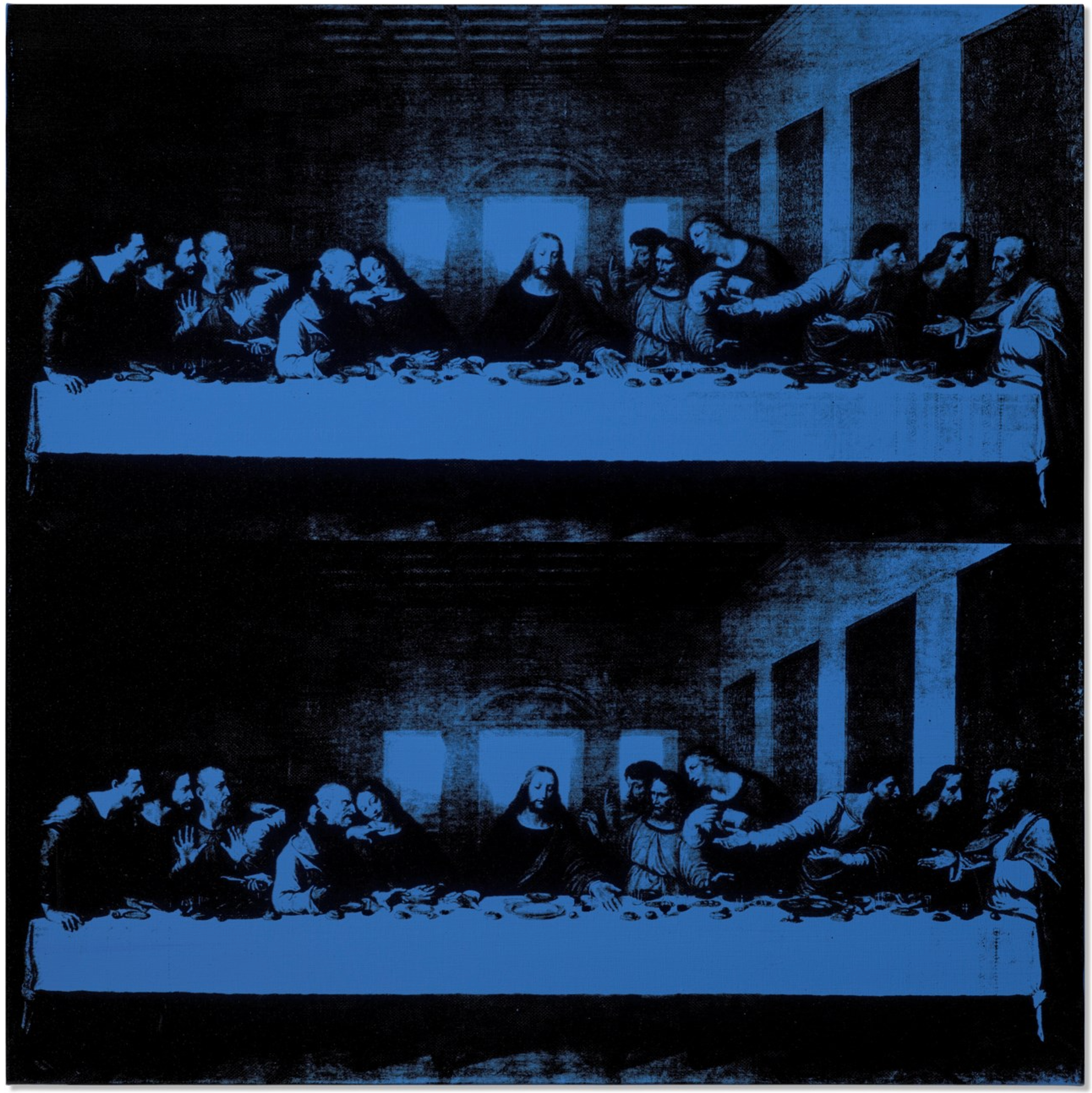 Screenprinted black image of The Last Supper over a cerulean blue background.