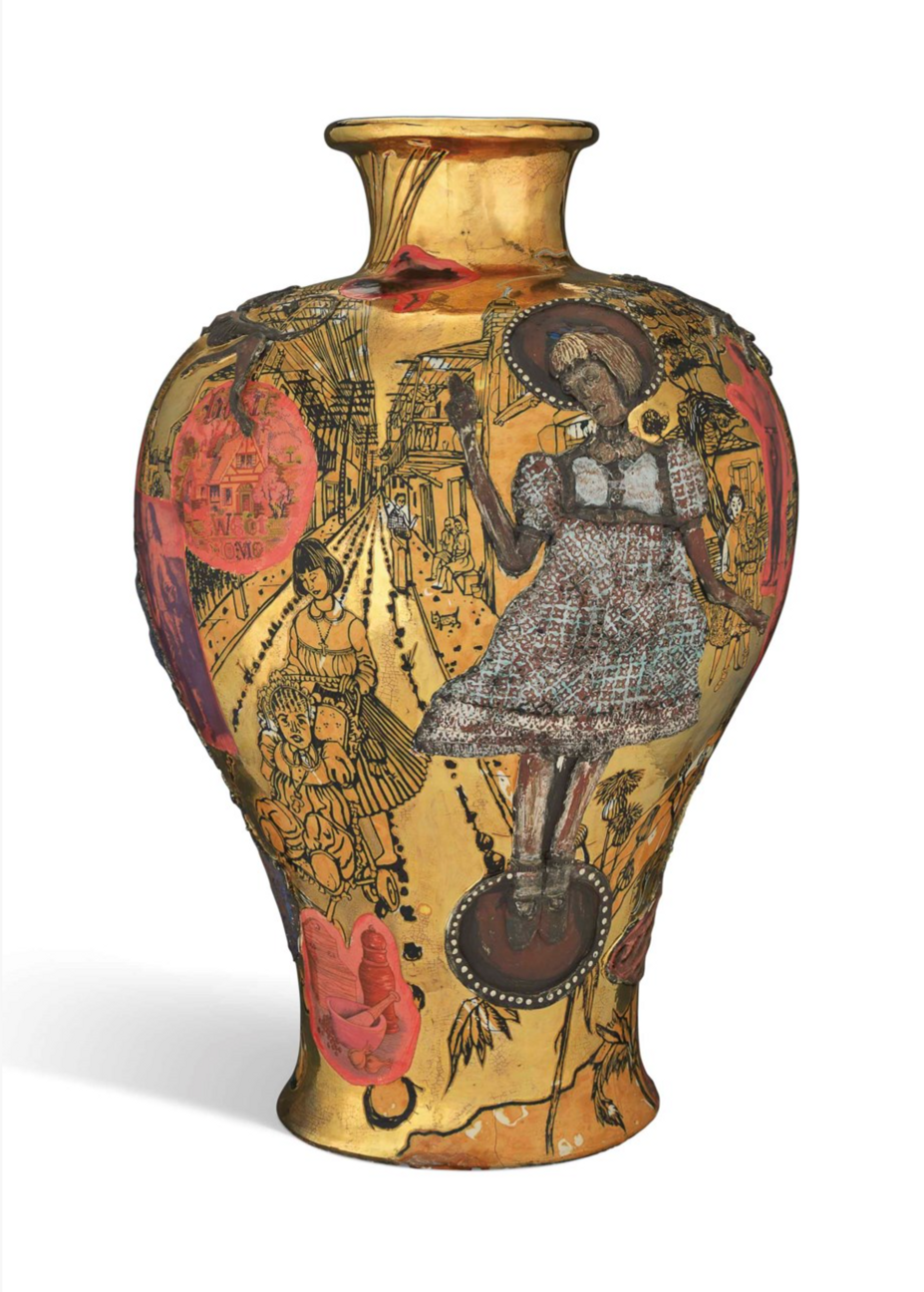Glazed urn by Grayson Perry, depicting a provocative image of the artist's alter-ego, Claire on a gold background.