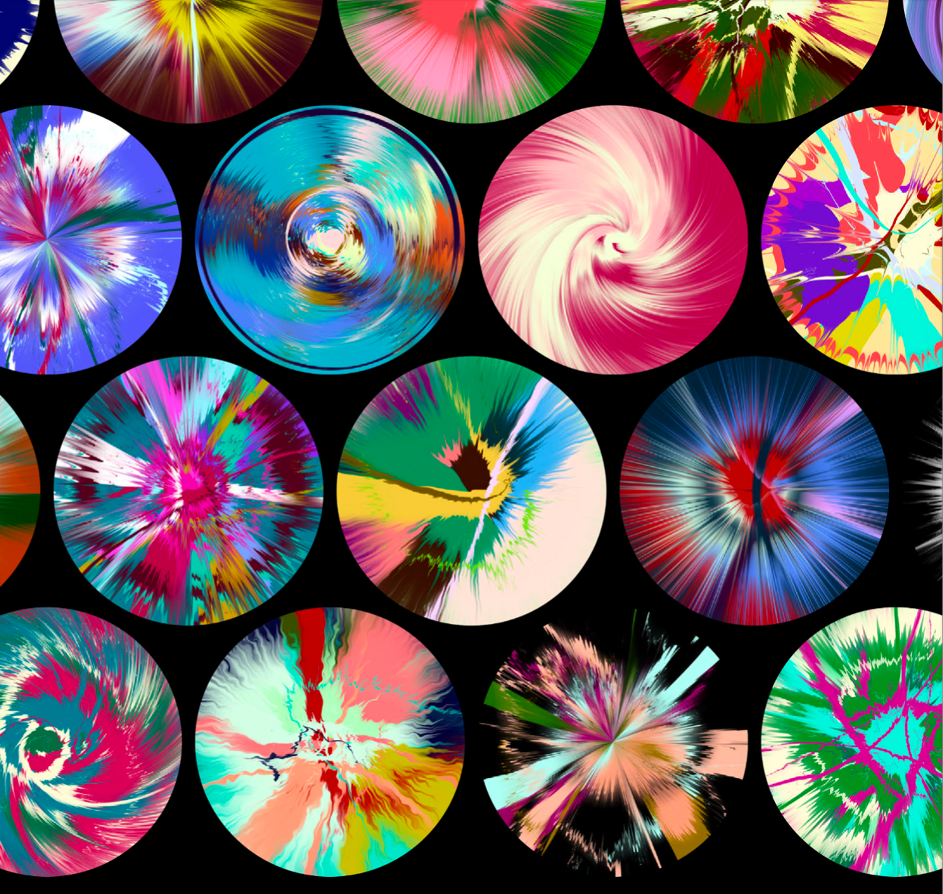 A series of Hirst's machine-generated spin paintings, in varying colour-ways and patterns. 