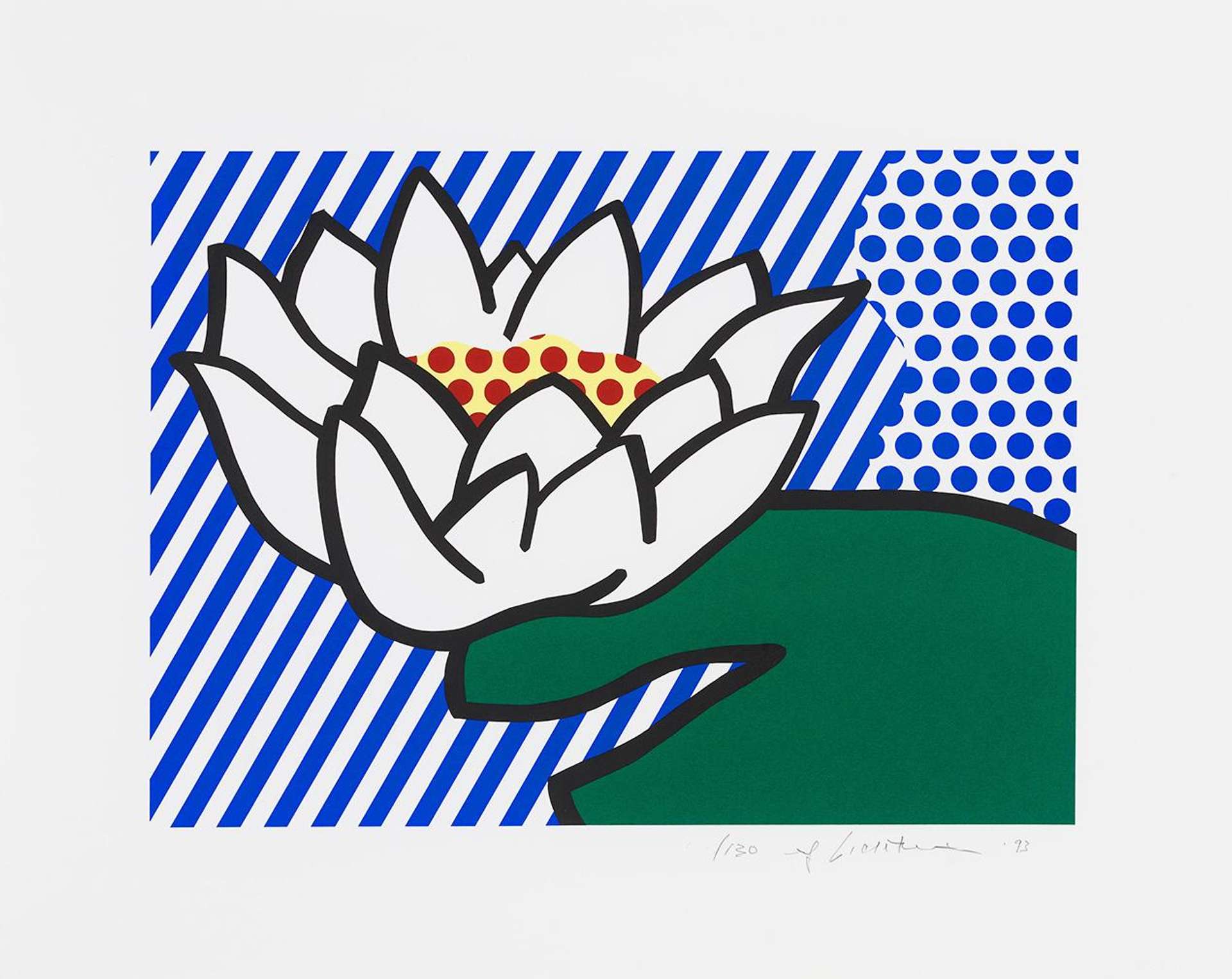 This work is a brilliant screen print that integrates machine-made patterns with painterly gestures. Water Lily captures a single enlarged water lily with white petals and dark green leaves resting on the water. The botanical elements have been flattened against the picture plane through cropping and accentuated through thick black contouring. The water’s surface is composed entirely out of vivid blue stripes and a dense streak of dots.