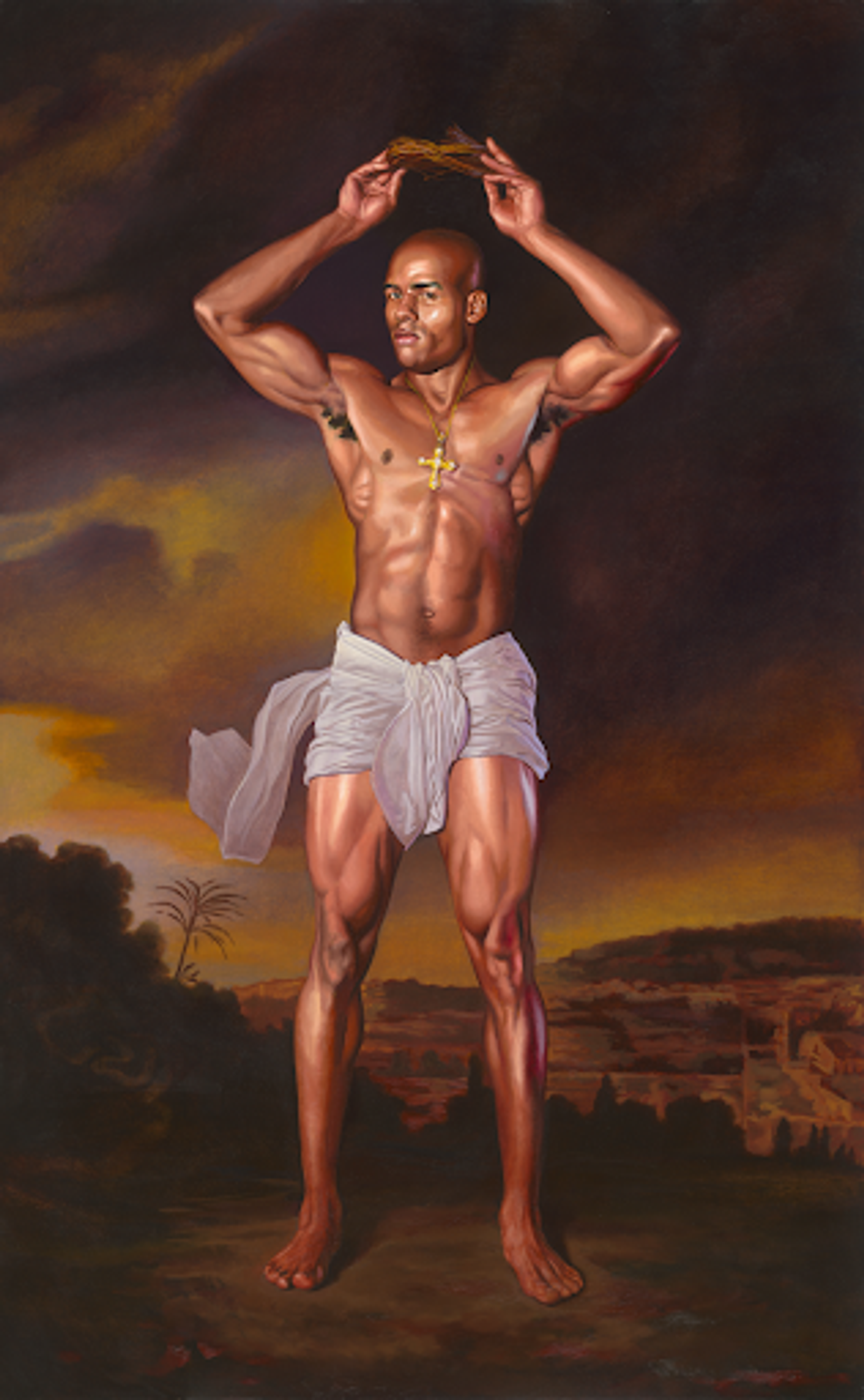 Kehinde Wiley’s Christ After Lady Macbeth II. A portrait of a man half dressed as Jesus Christ holding a crown above his head.