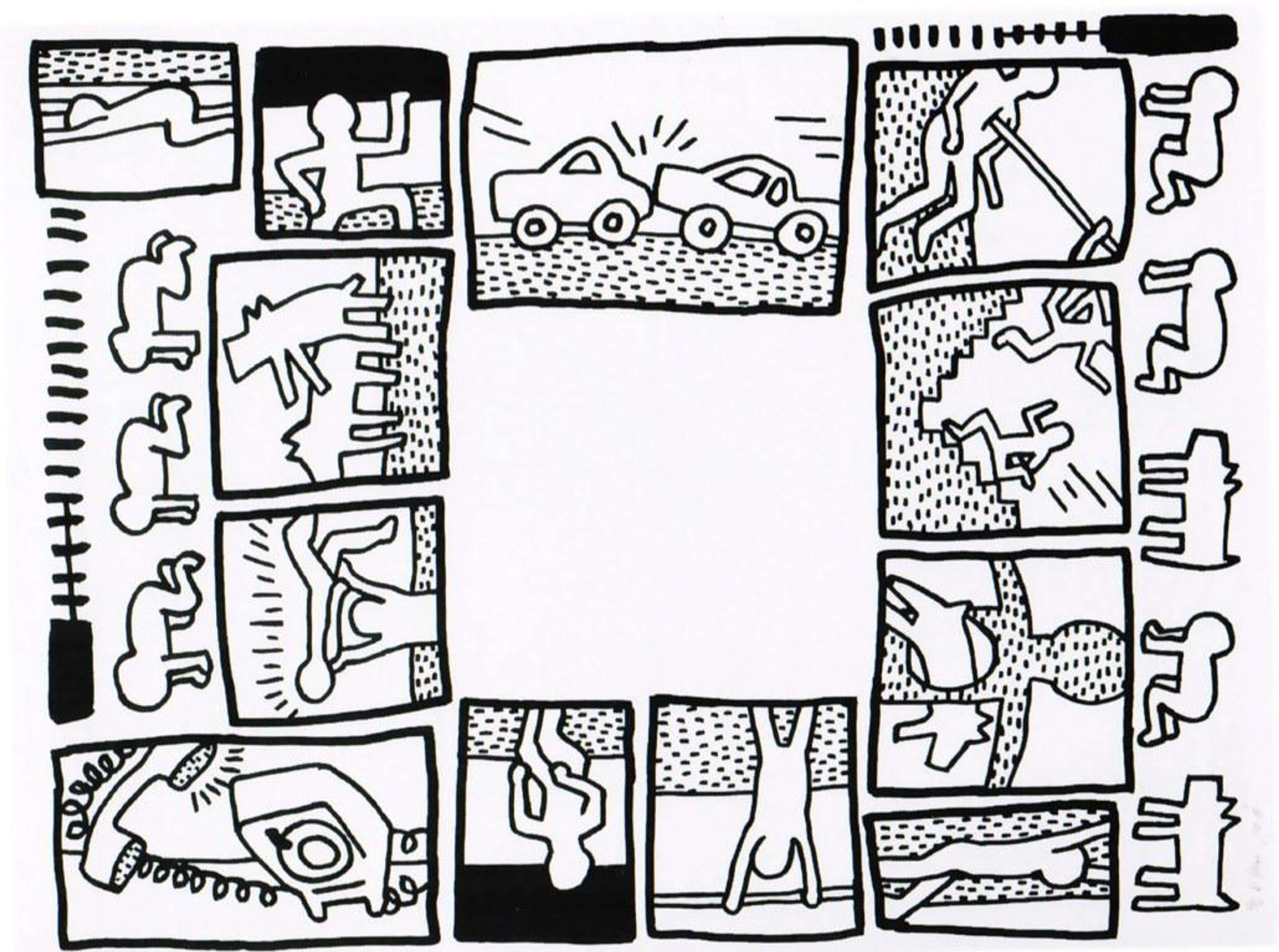 Keith Haring’s The Blueprint Drawings 4. A Pop Art screenprint of a black and white comic strip of various scenes including cars, a telephone and figures.