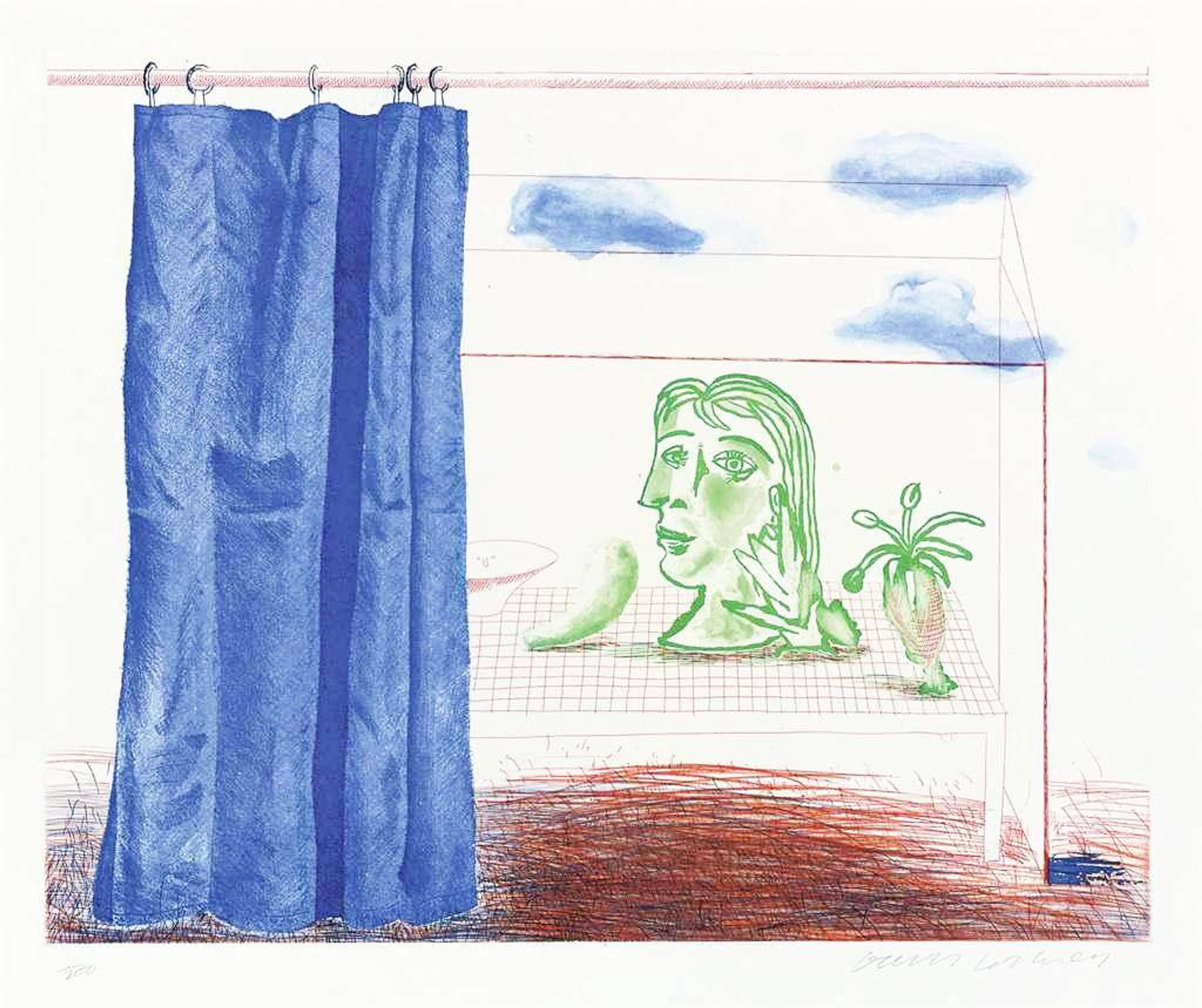 David Hockney’s What Is This Picasso. An intaglio print of a green, Cubist drawing of a woman’s head on a table behind a blue curtain.