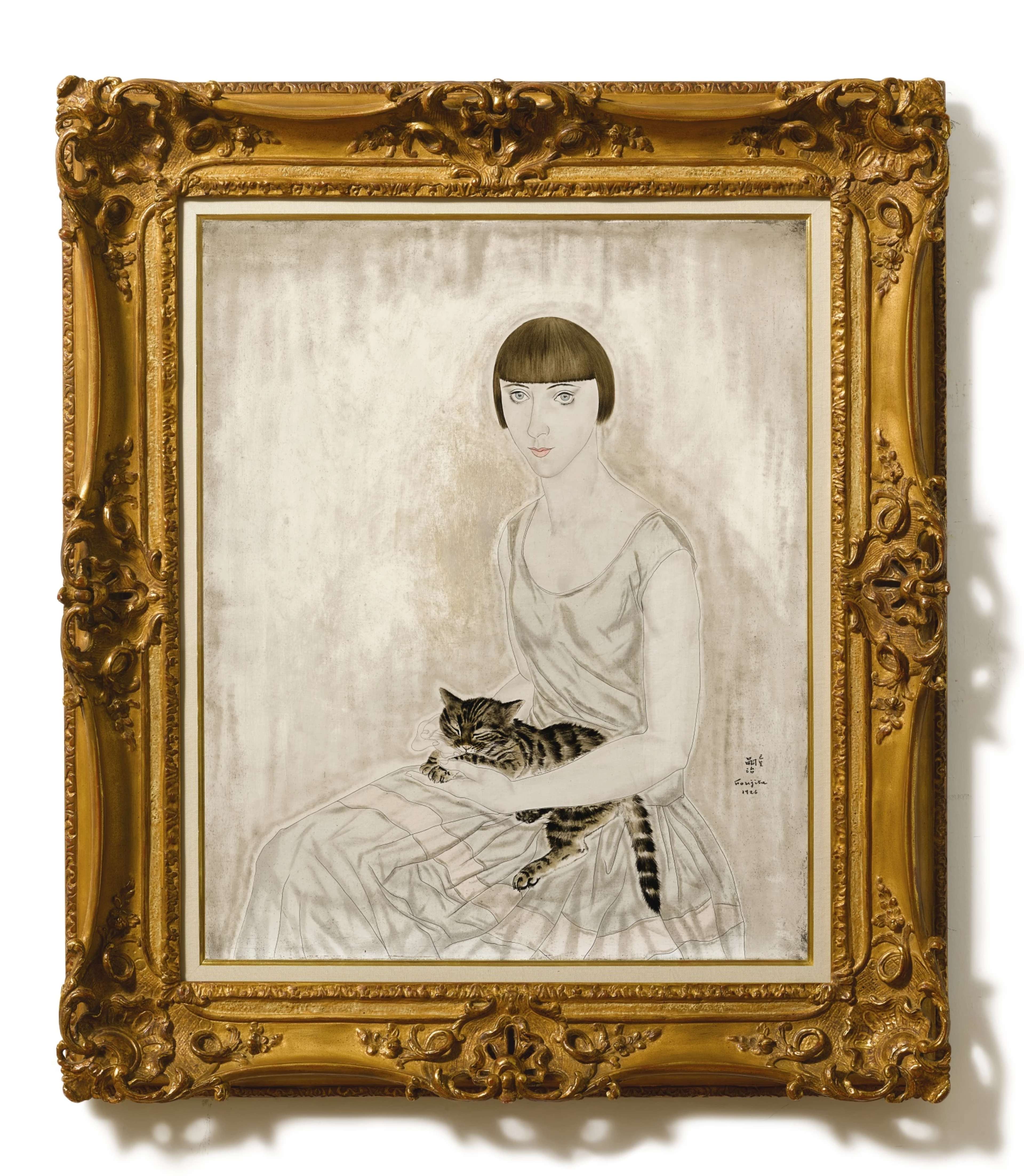 A seated woman with a fashionable 1920s bob haircut wearing a long, white sleeveless dress. A sleeping tabby cat rests peacefully on her lap. The woman gazes directly at the viewer with a composed expression against a neutral backdrop. Her features and form are painted with very fine black outlines.