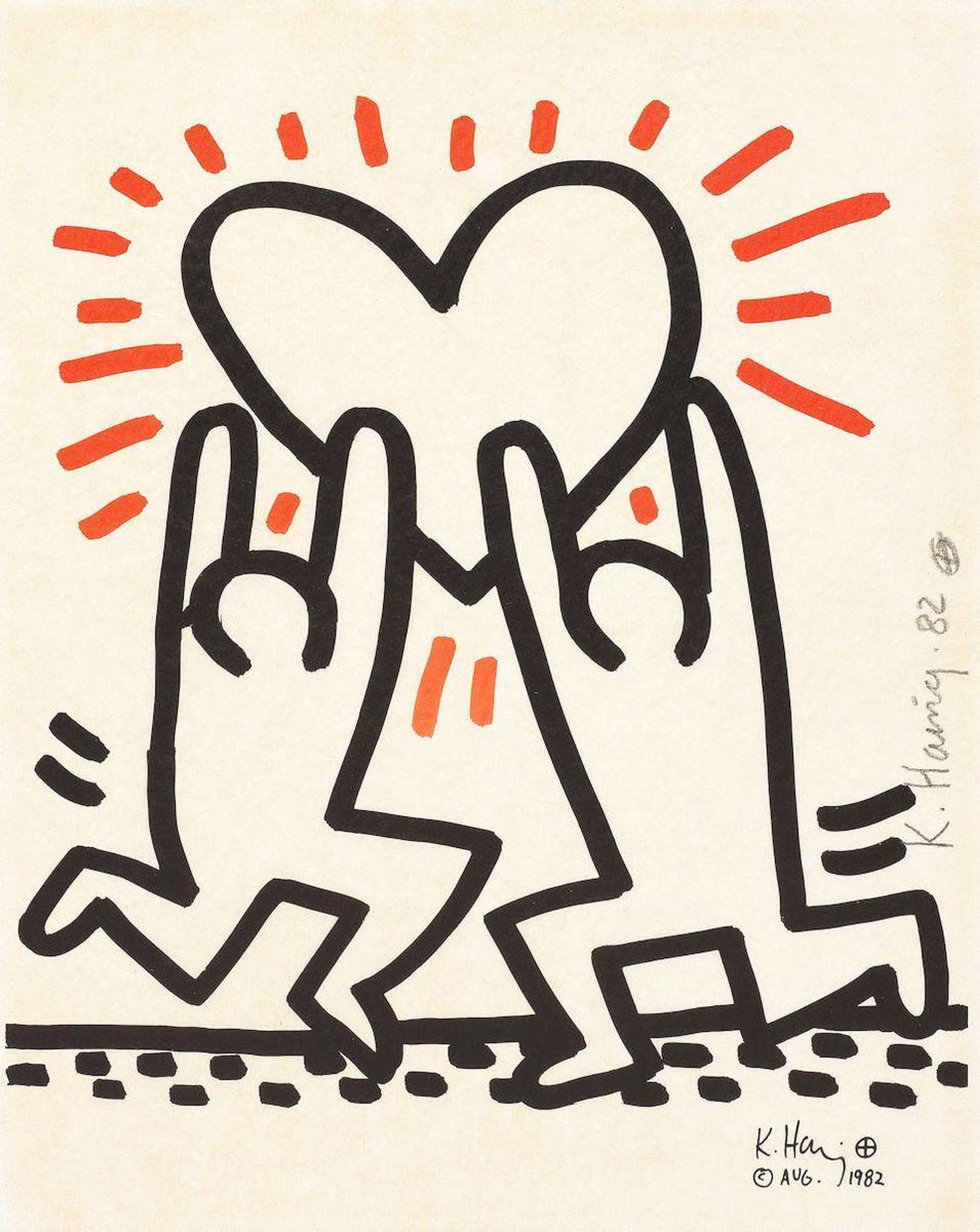 Bayer Suite 1 by Keith Haring. Two cartoon figures are deipcted with arms up in front of a heart, with radiating red lines.