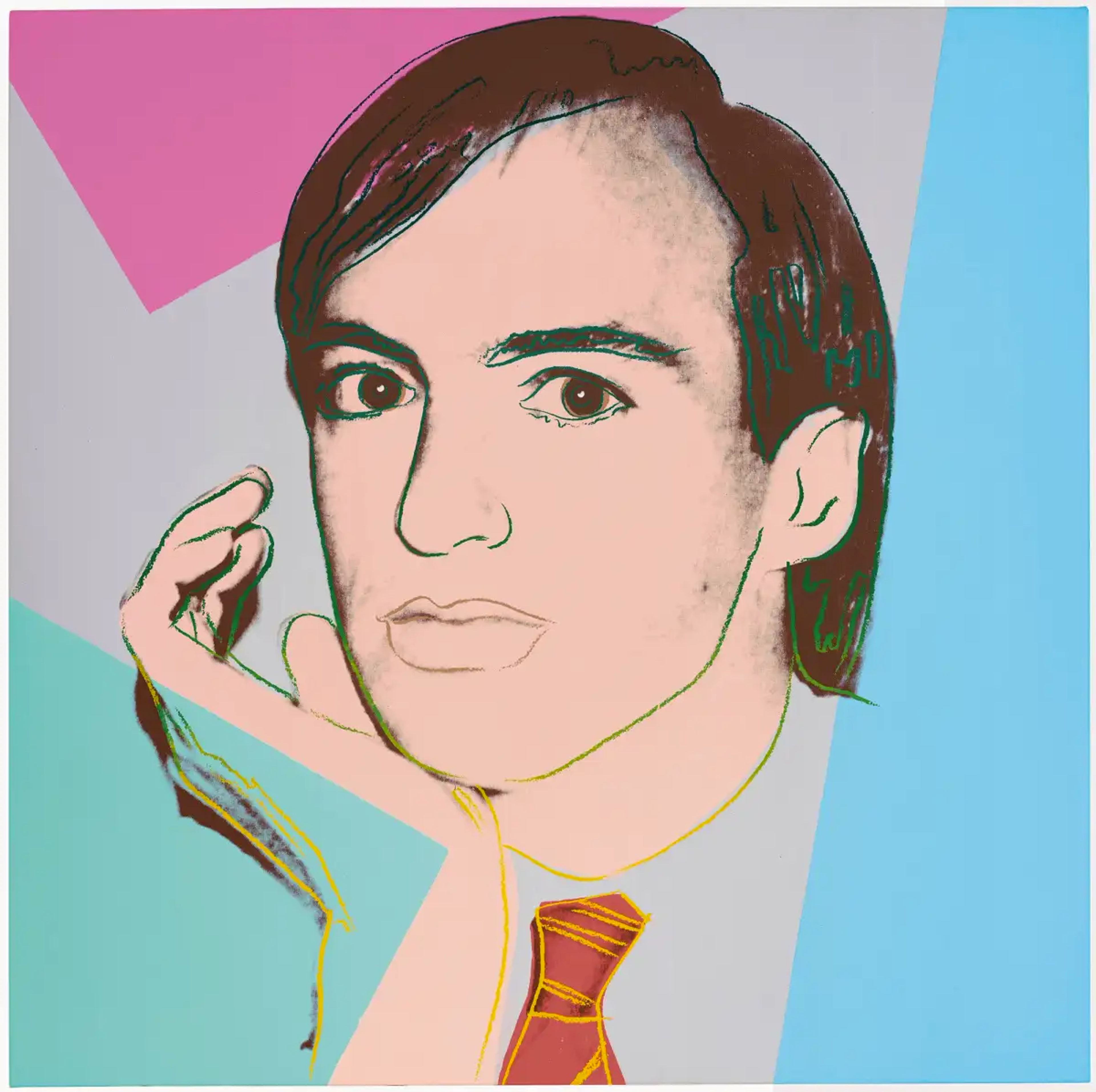 A Pop Art style portrait of executive Jon Gould, done by Andy Warhol. He is shown in bright colours, with his face in his hand while wearing a tie.