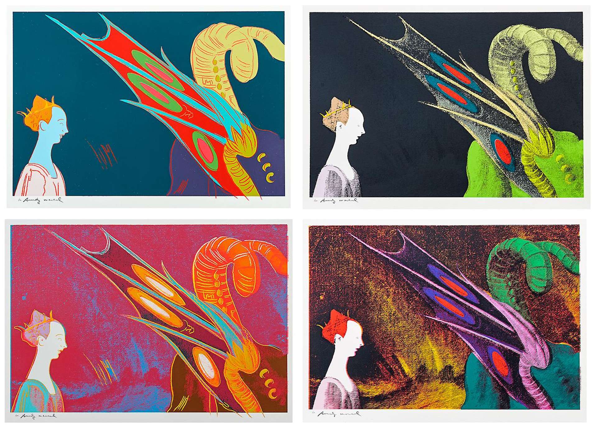 An image of the complete set of Warhol's interpretations of Paolo Uccello's maiden and dragon, in four different colourways.