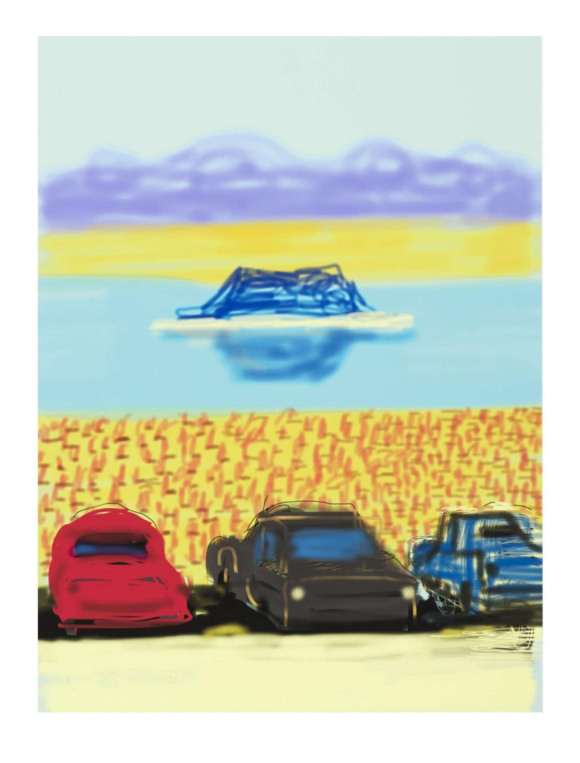A colourful view of  three cars overlooking a lake by artist David Hockney. It shows a glacier floating in the lake ahead, with mountains looming in the background.