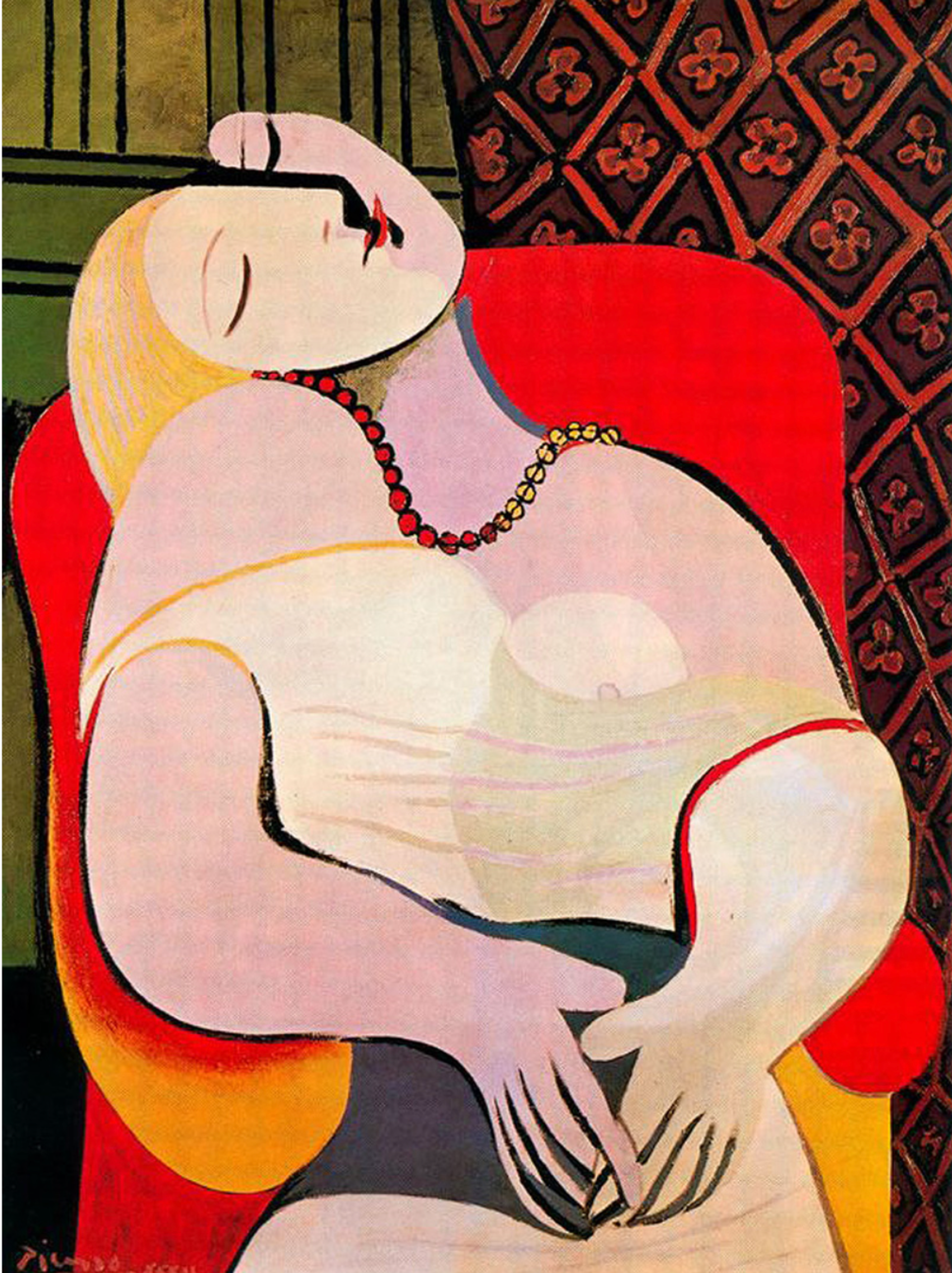Painted portrait of Marie-Thérèse Walter by Picasso, Walter is depicted with voluptuous curves, in a seated position. The pale pink figure is sat on a orangey-red chair, against a backdrop of patterned red wallpaper.