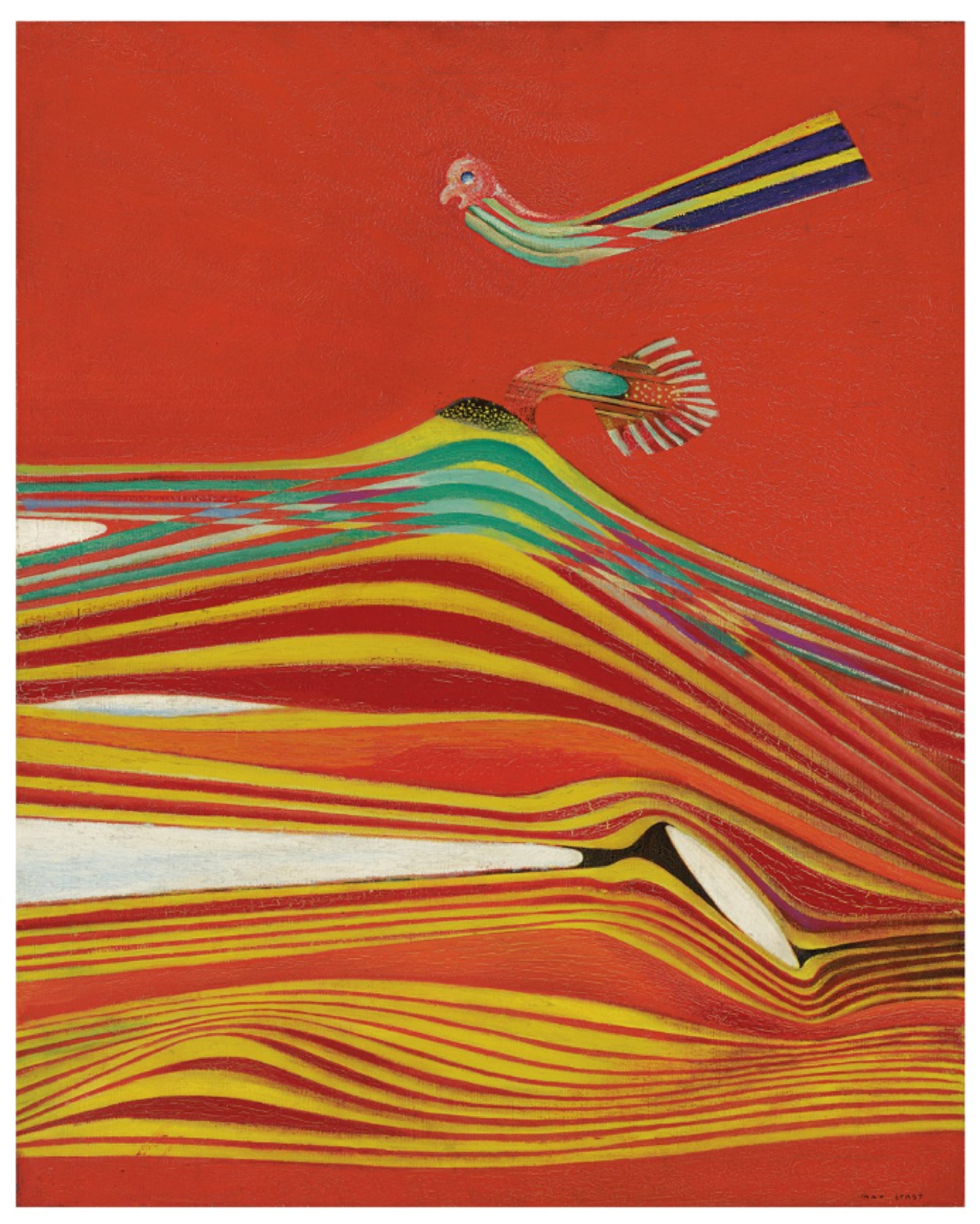 Waving stripes of colour sweep across the lower half of the painting, primarily in red and yellow, with some blue and pink higher up. Their forms resemble waves or sand dunes. Two bird-like shapes, each with their own colourful stripes, float above, against the flat red background of the top-half of the image.