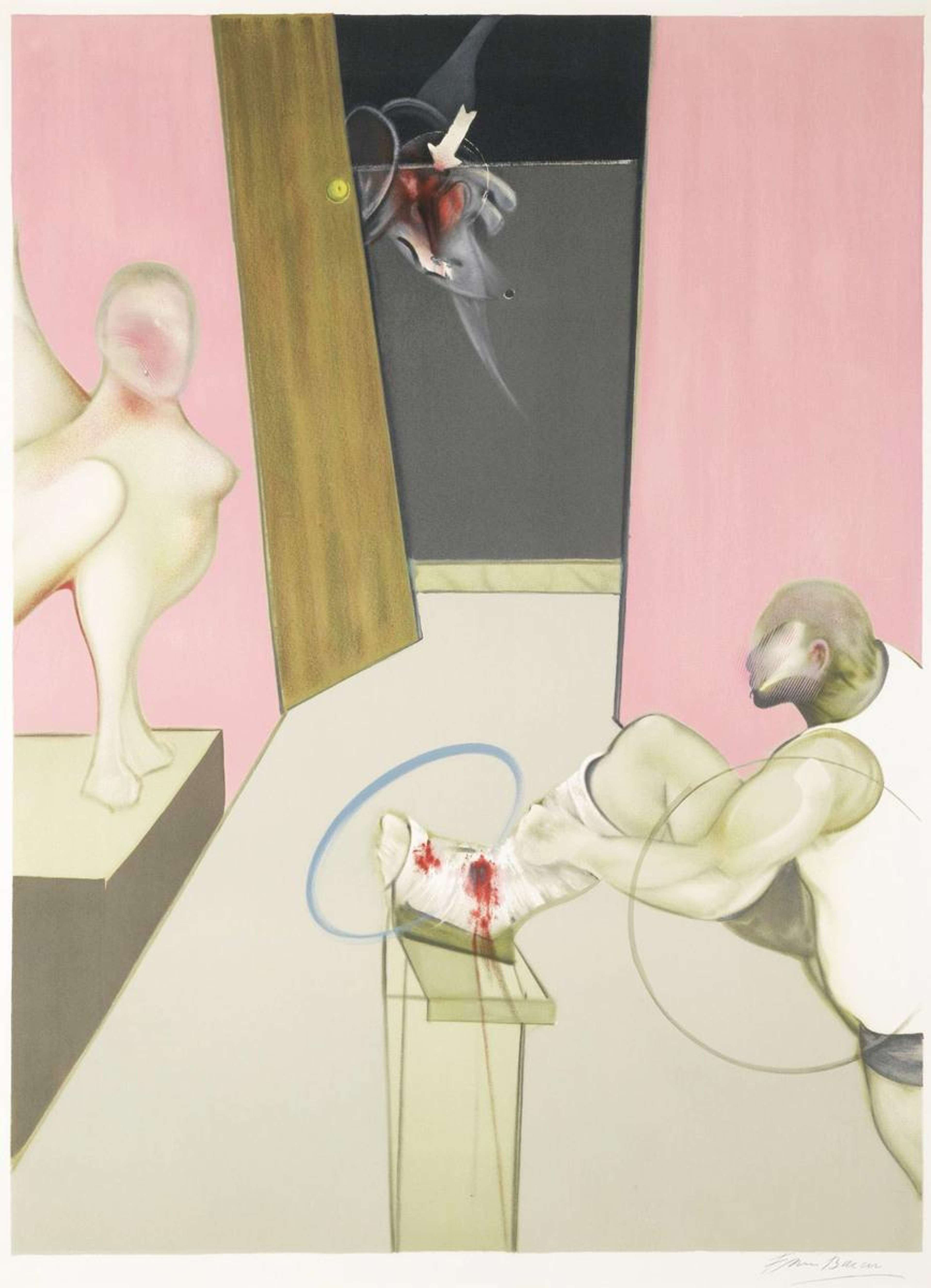 Francis Bacon's Oedipus And The Sphinx. Painting of a sphinx across from Greek mythology figure Oedipus with an injured foot.