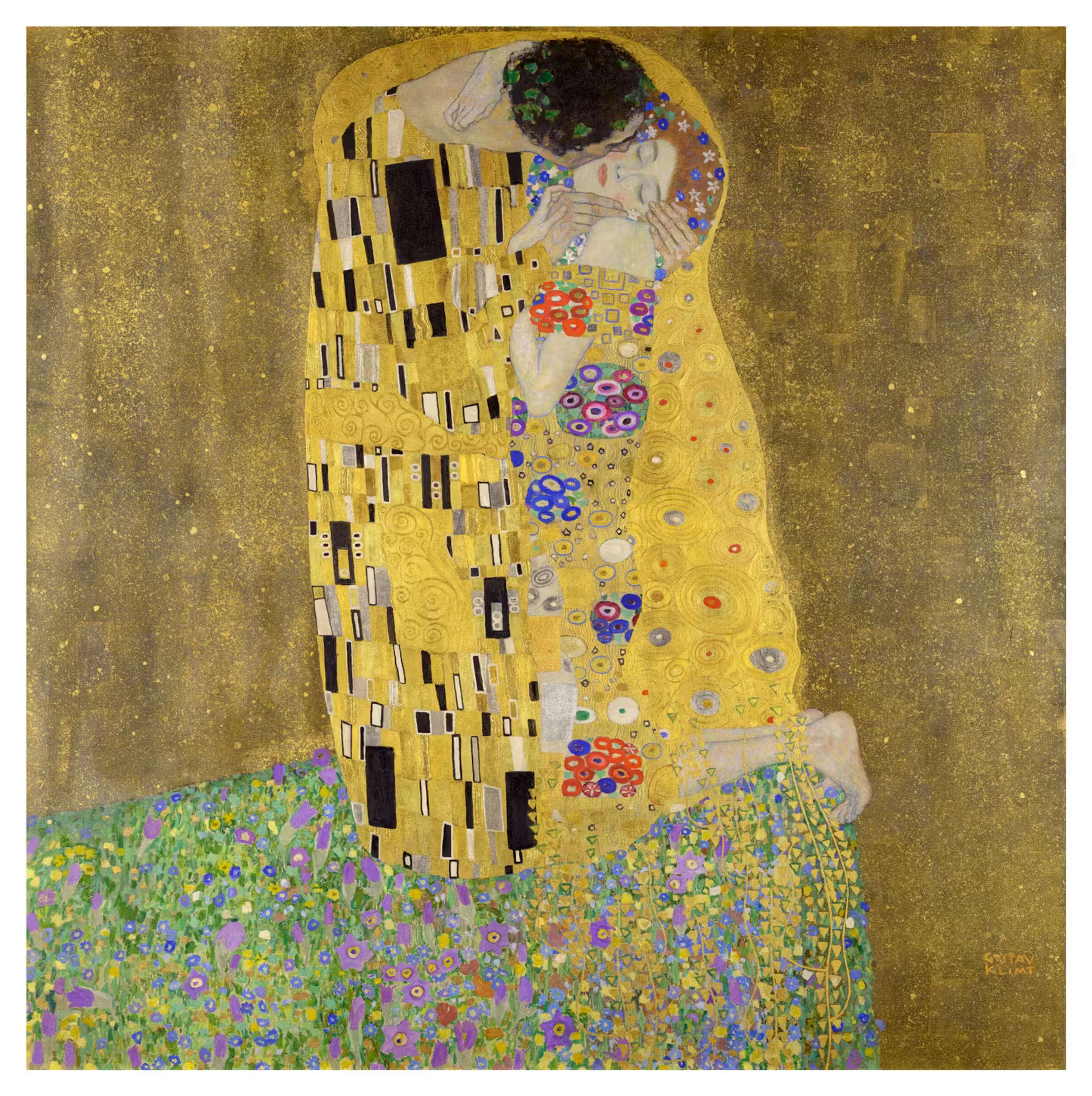 A man and woman wrapped in a gold, patterned cloak kneel on a flower-strewn meadow as he bends to kiss her cheek, their bodies shimmering against a luminous, gold-leaf background.