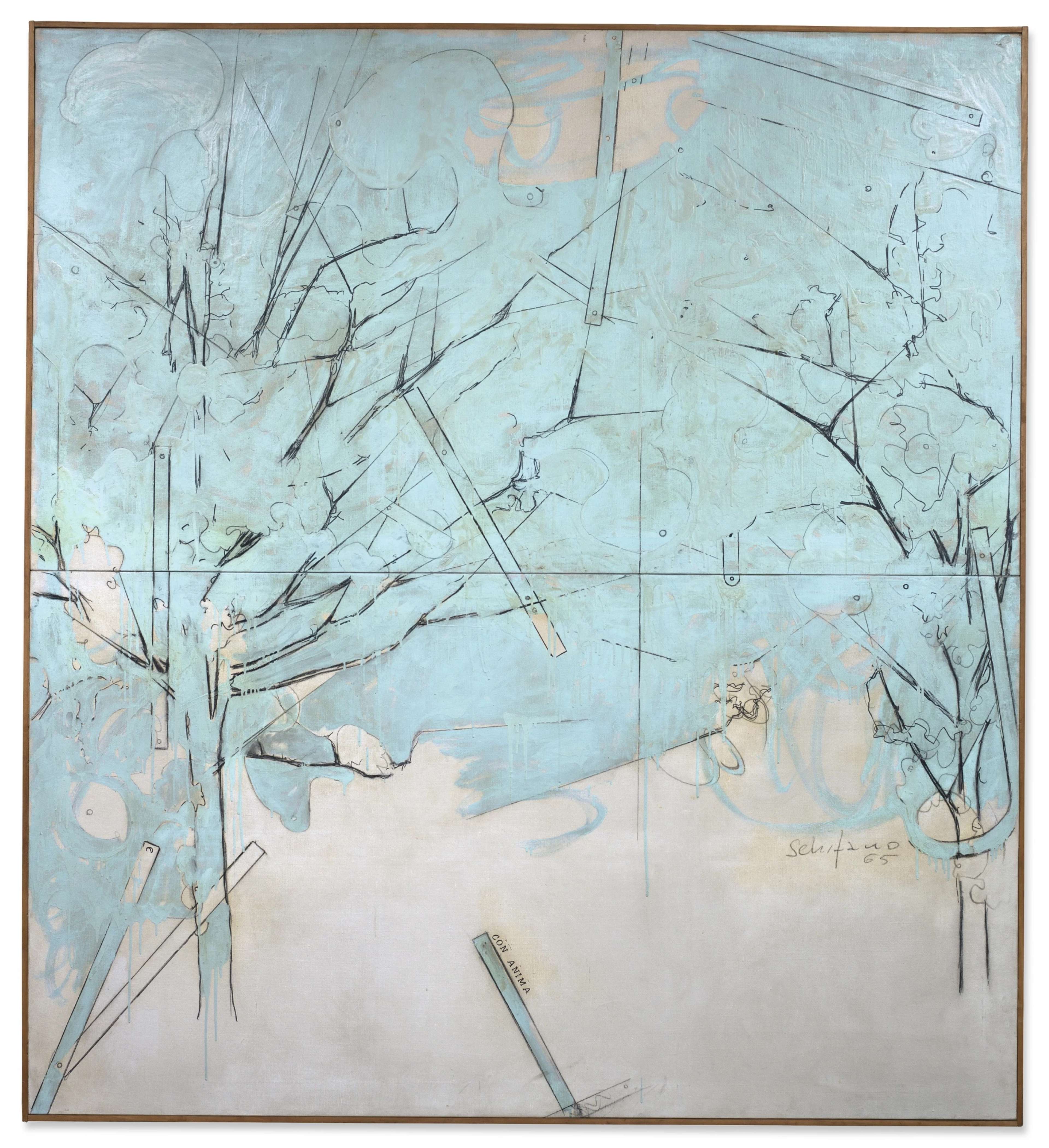 A pale blue background with gestural, sketchy lines denoting leafless, wintry trees, creating a sense of airy, cold landscape. A section of the lower canvas is left white, as if representing snow-covered ground.
