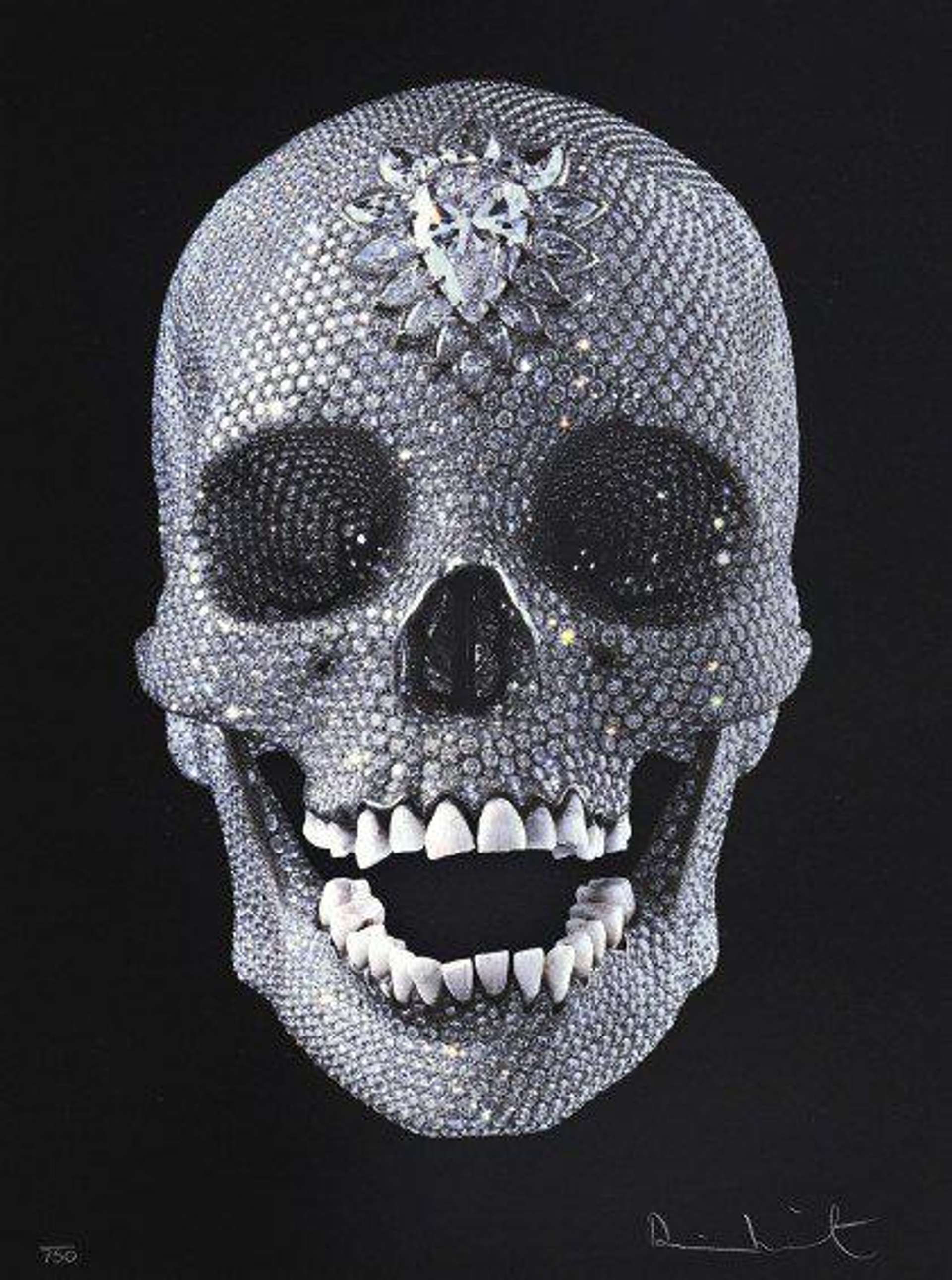 A screeprint by Damien Hirst depicting a diamond-encrusted skull against a black background.