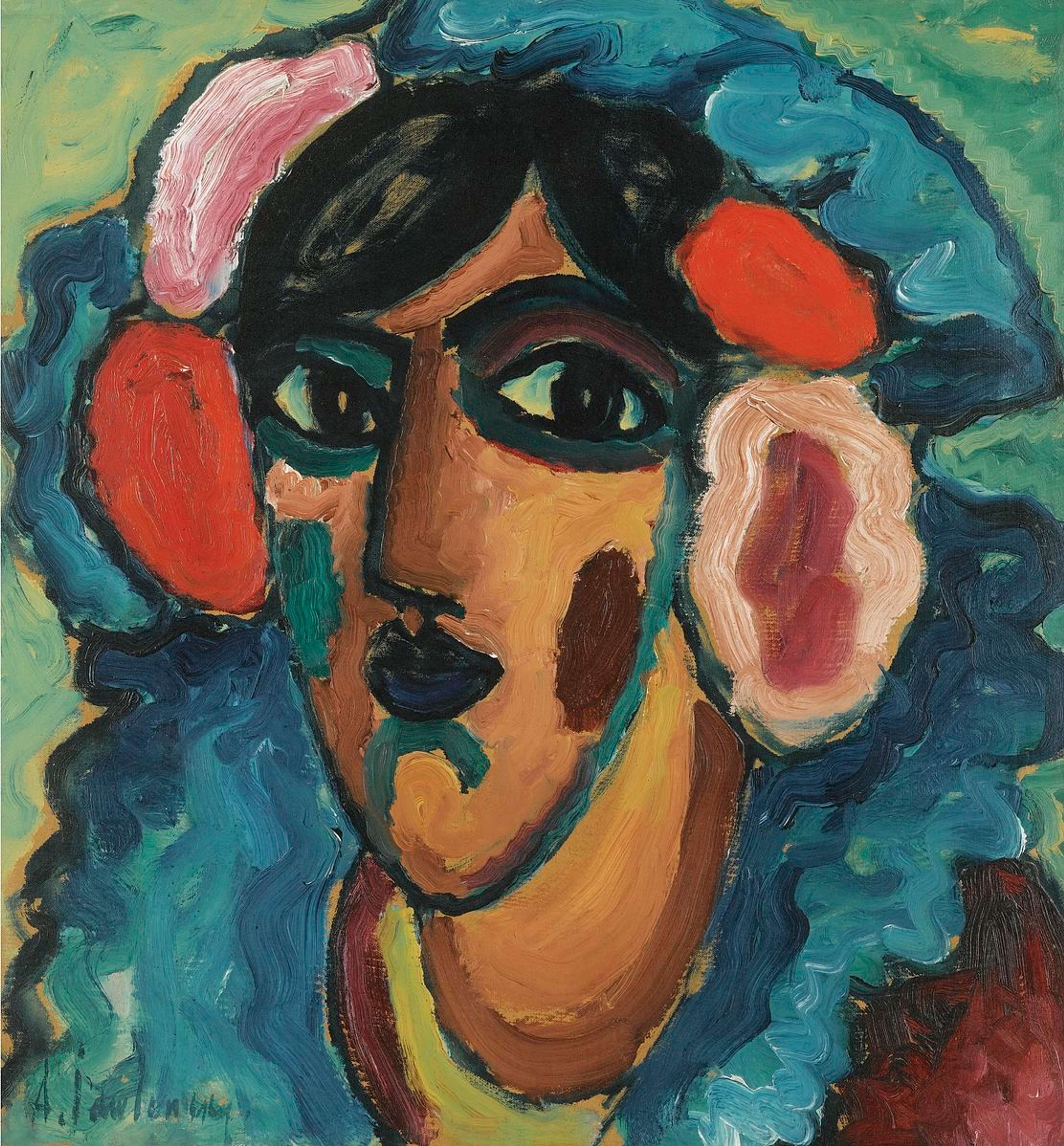 A woman in theatrical Spanish noble attire, her floral headdress and ruffled azure shawl contrasting against the lime green background and her yellow-toned face. The features of her long, oval face are thickly outlined in black and dark green. The brushstrokes used are thinner, more watery, than in much of Jawlensky’s other works.
