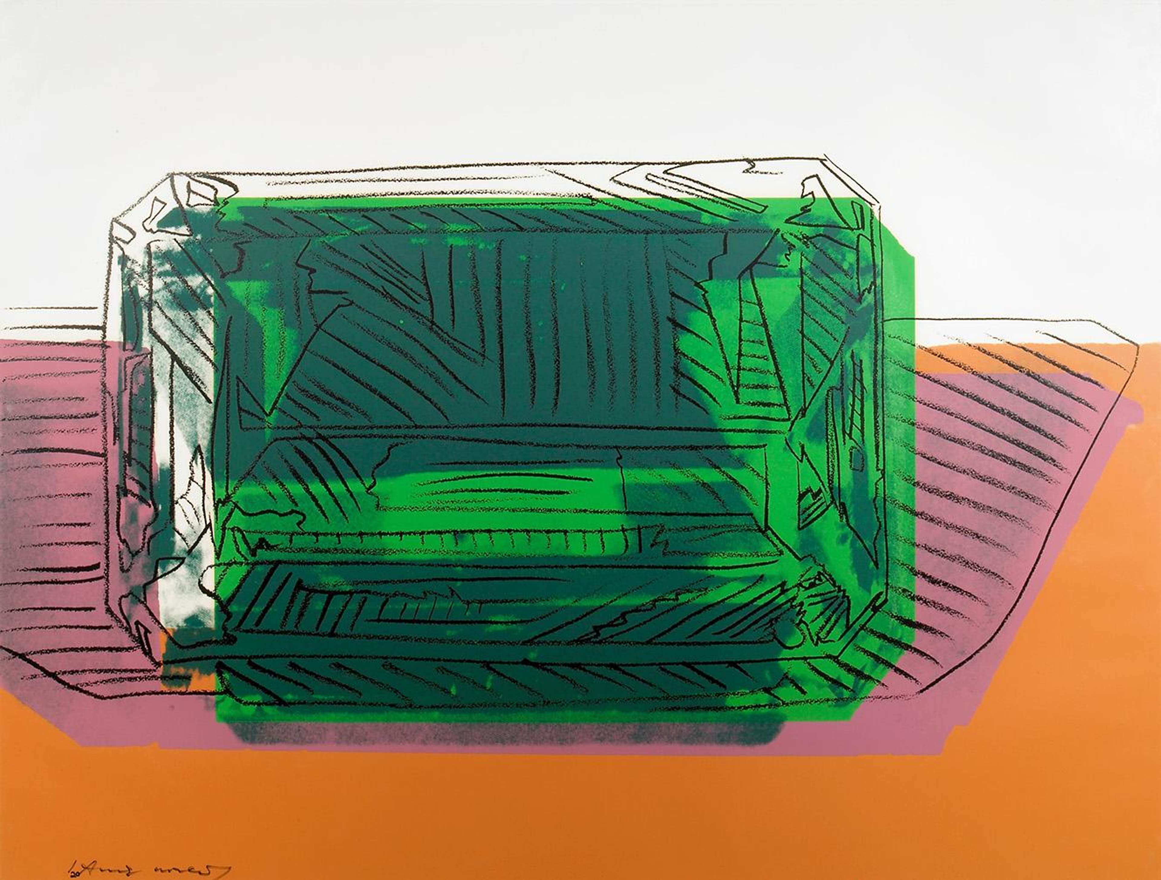 A screenprint of a green emerald jewel slightly off-centre in the middle of the composition, set atop an orange surface with a pink shadow, and a white background in the top half of the composition. On top of the jewel and its shadow are black lines which delineate the surface of the jewel