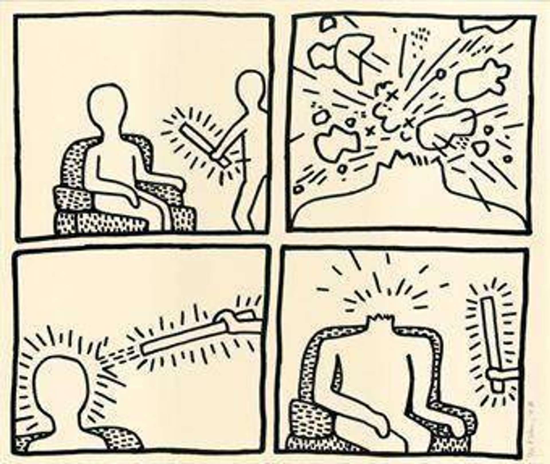 Keith Haring’s The Blueprint Drawings 14. A Pop Art screenprint of a black and white comic strip of various scenes including a figure getting its head removed.