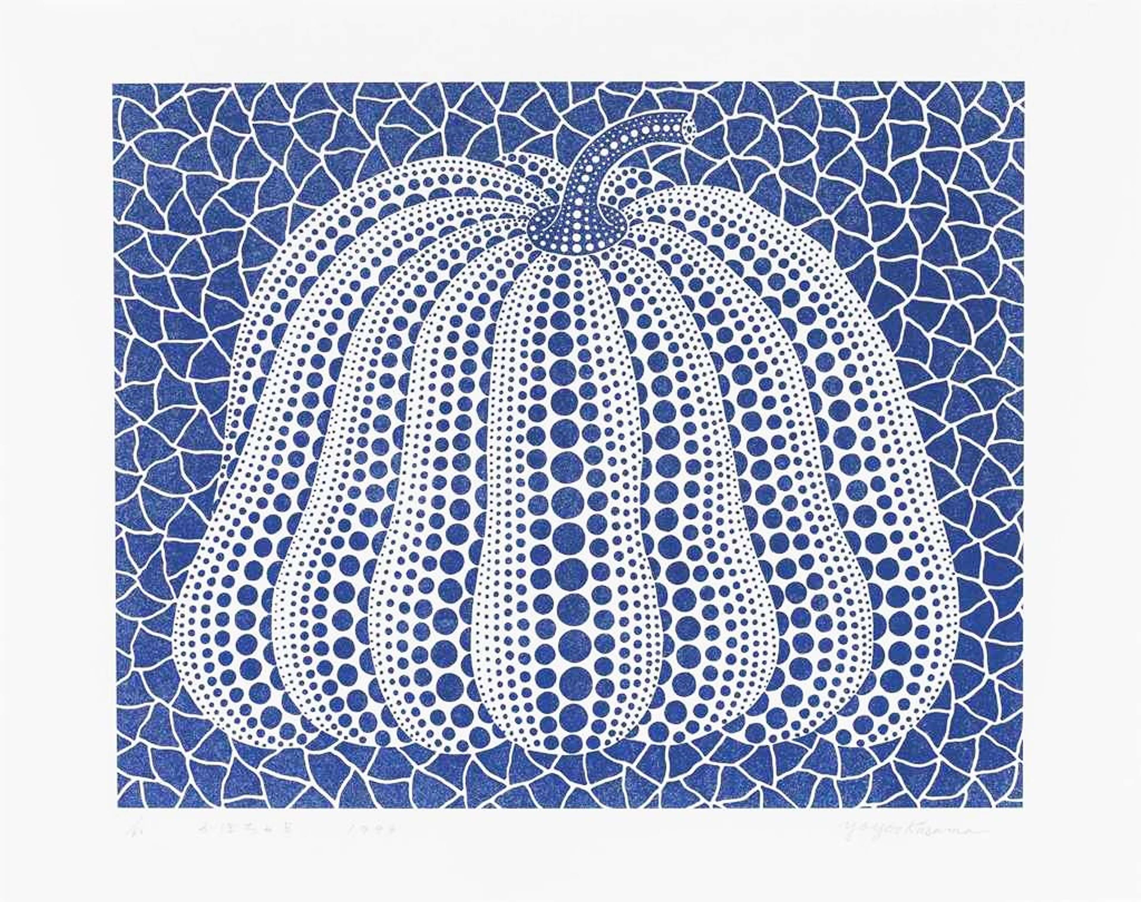  Yayoi Kusama’s Pumpkin (blue). A screenprint of a pumpkin created out of a pattern of blue and white polka dots against a geometric patterned blue background