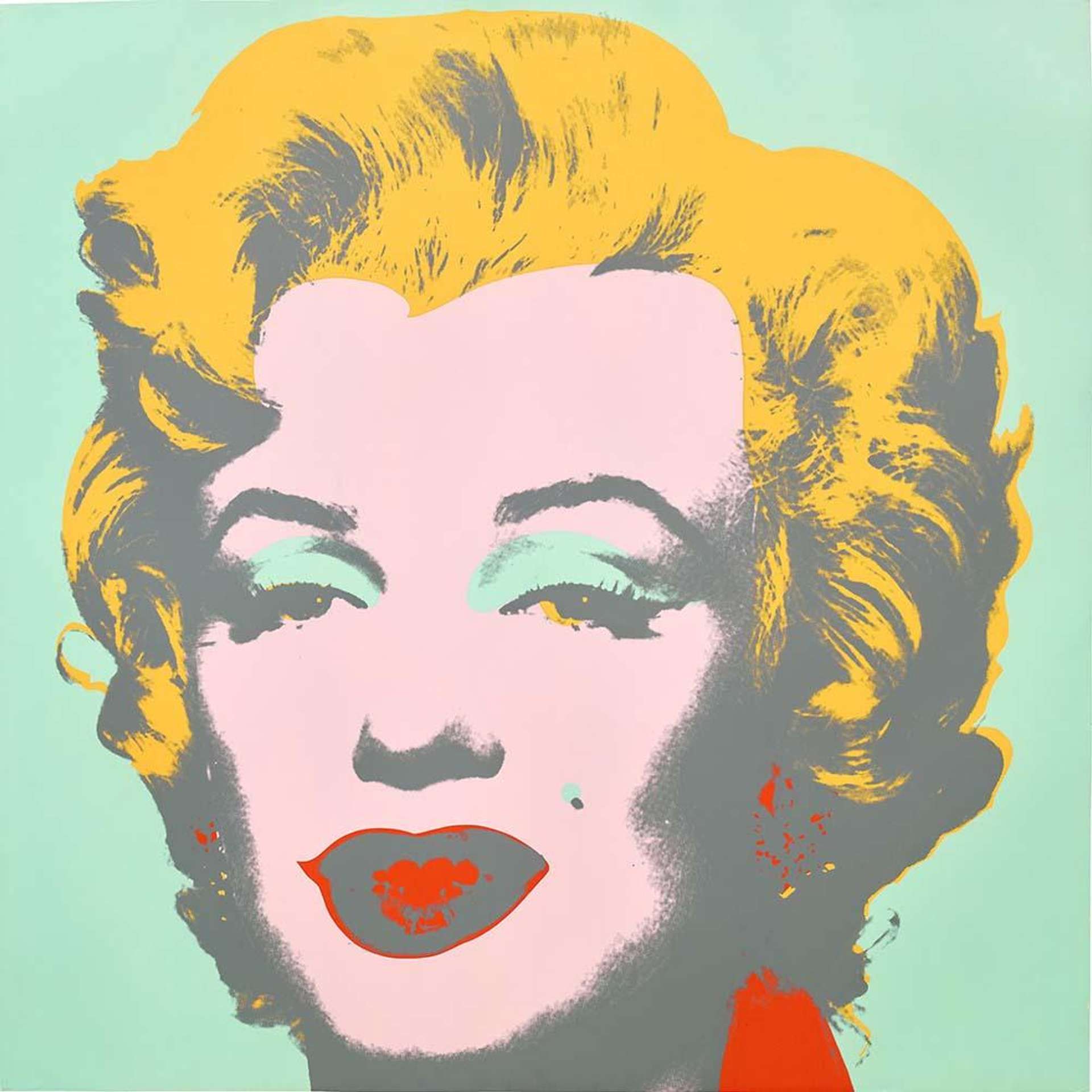 A screenprinted portrait of actress Marilyn Monroe by Pop Artist Andy Warhol. Monroe's face appears at the centre of the composition against a mint green background. The actress' hair is unnaturally coloured in a flat canary yellow, her eyelids in the same mint green as the background, and her lips printed in bight red.