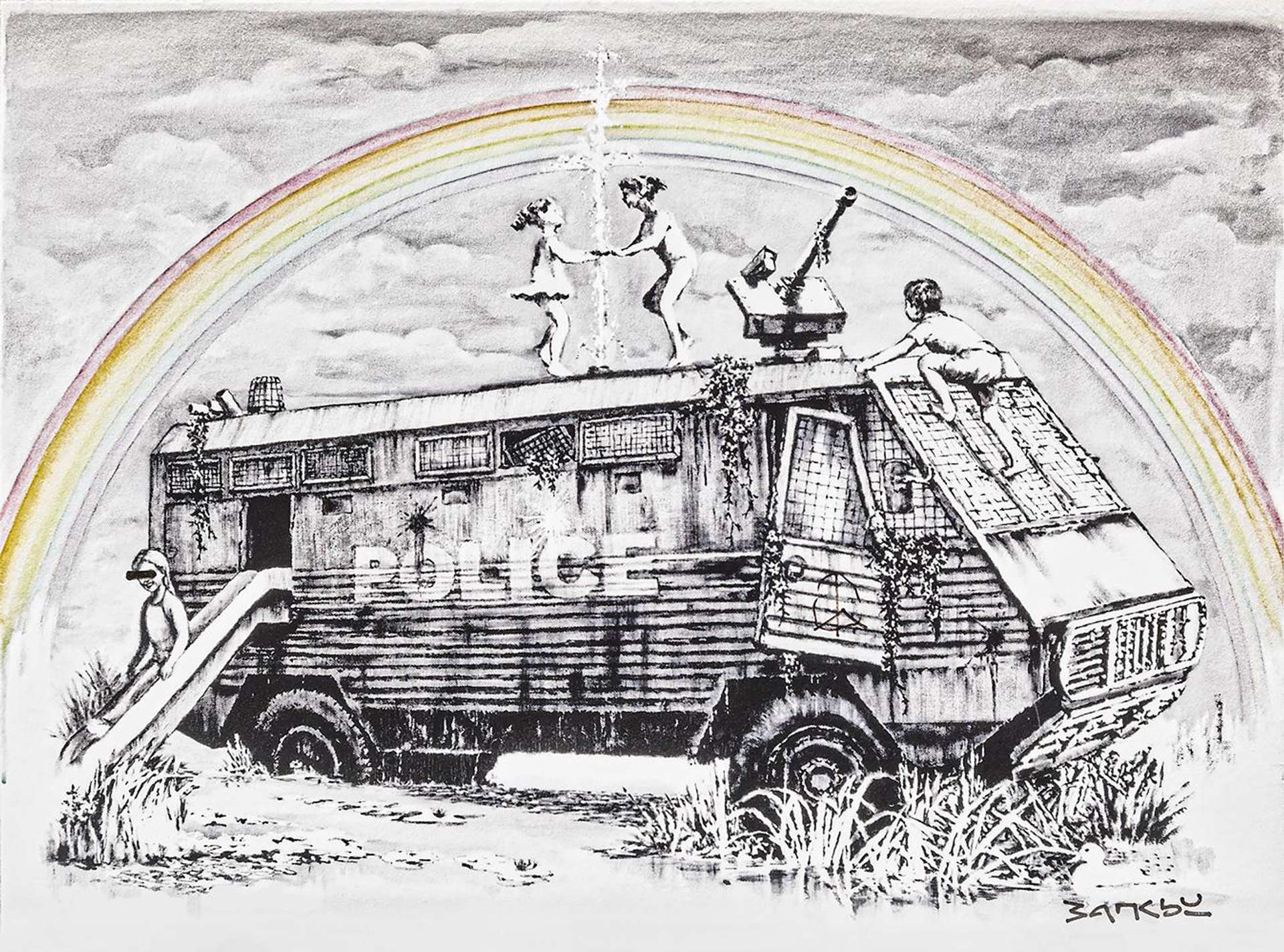 A digital print by Banksy depicting a police van that was turned into a quasi-adventure playground.