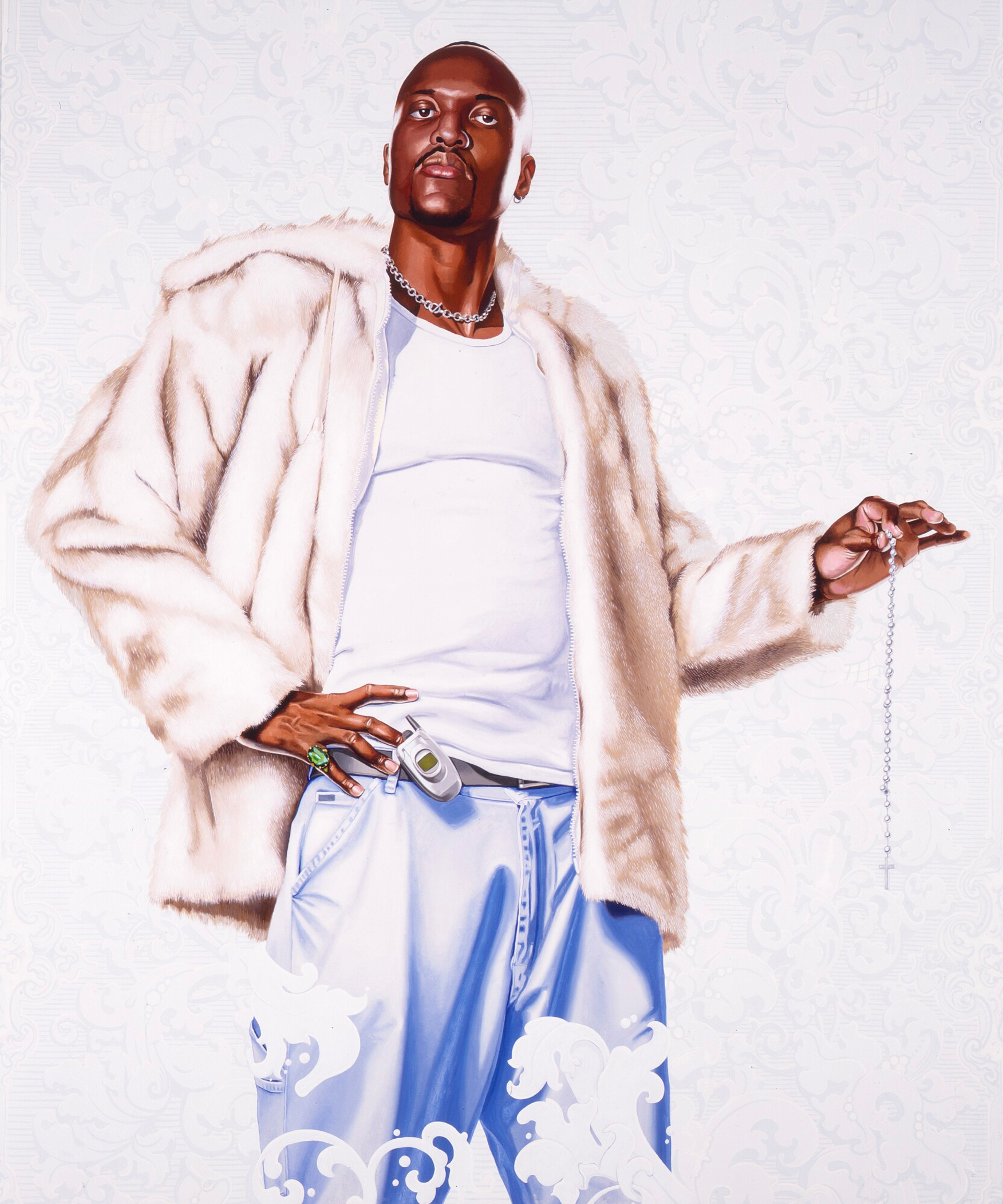 In the portrait, a black man exudes confidence as he gazes directly at the viewer. He is stylishly attired in white trousers, a white shirt, and a white fur jacket. One hand rests on his hip, revealing a visible flip phone attached to it. Around his neck, he wears a chain, and he holds another chain between two fingers, allowing it to dangle gracefully.
