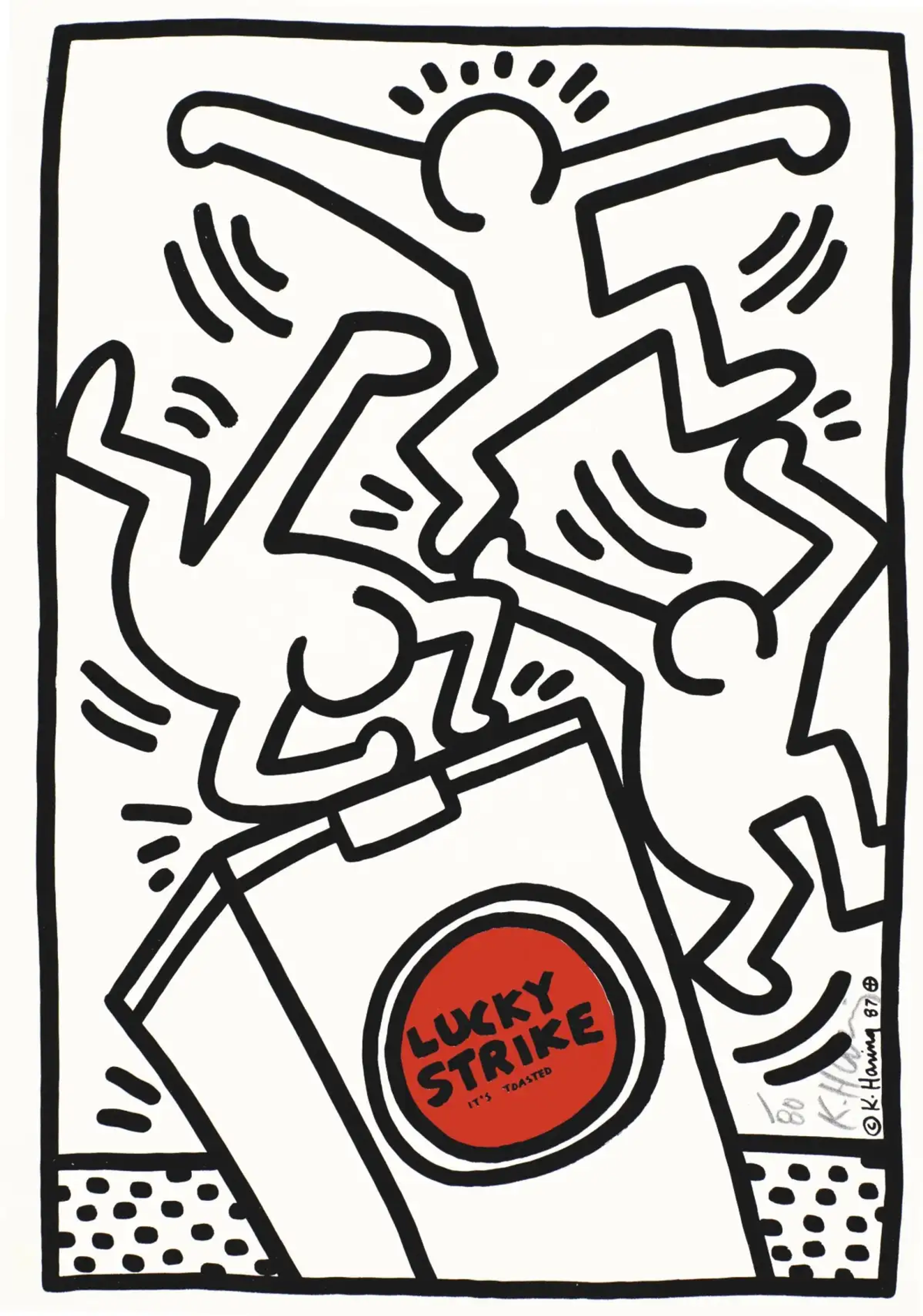 hows three jumping and dancing figures that surround the box of Lucky Strike cigarettes in dynamic composition. The composition is mostly in black and white, with only the Lucky Strike logo in colour.
