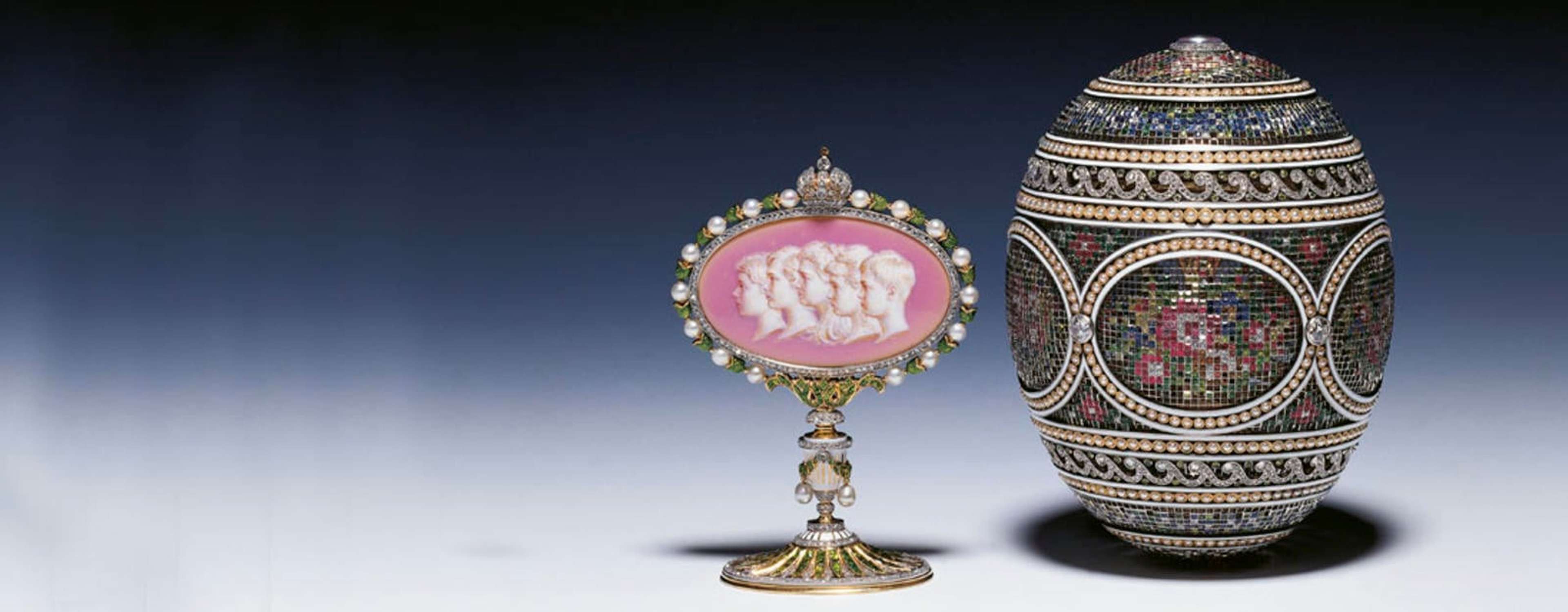 [Alt-text: An image of two objects by jewellery house Fabergé, including a mosaic decorated egg.]
