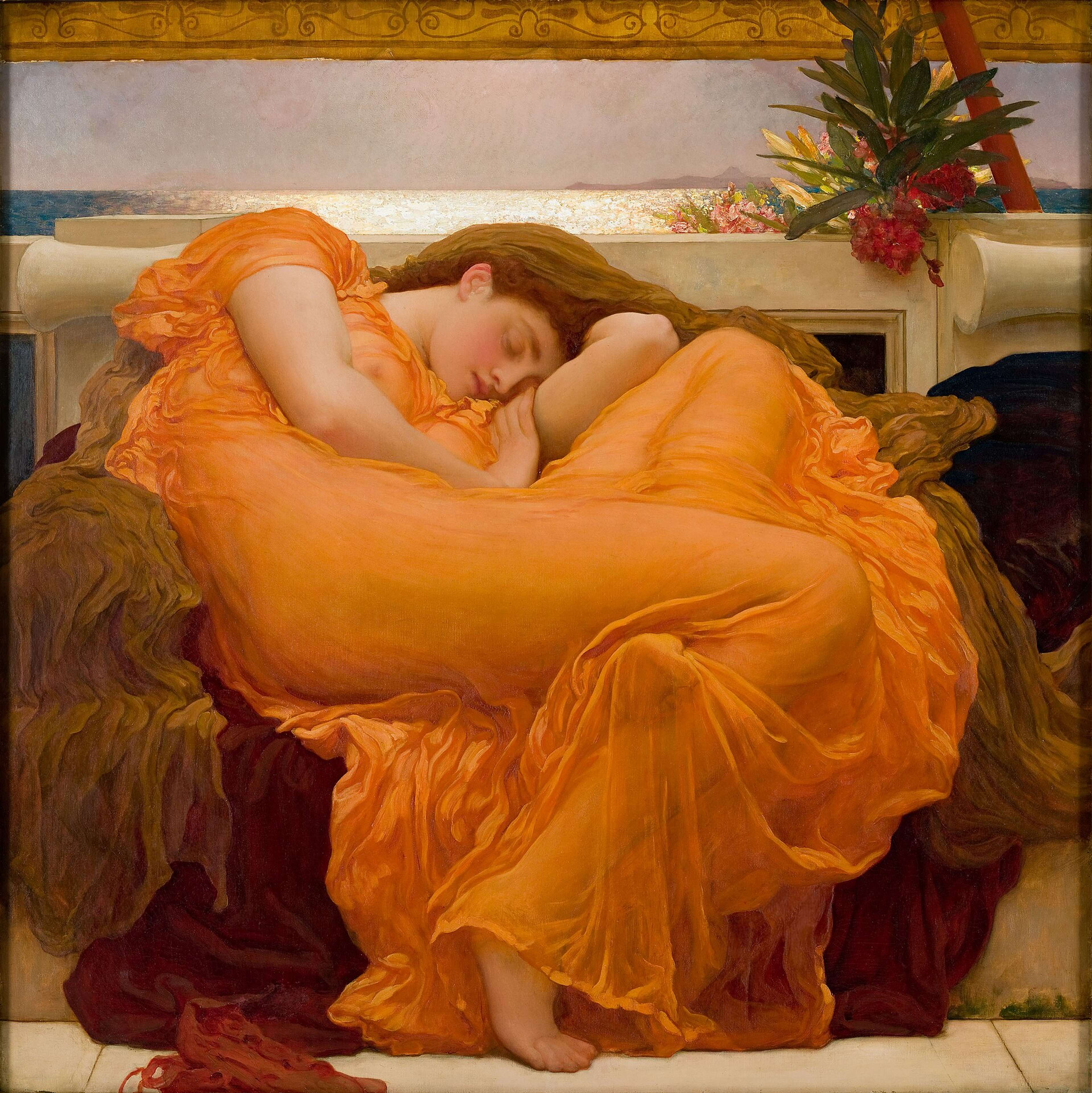 A young woman in a billowing, translucent orange gown sleeps curled on a cushioned marble bench, her figure glowing warmly against a sunlit seascape beyond.