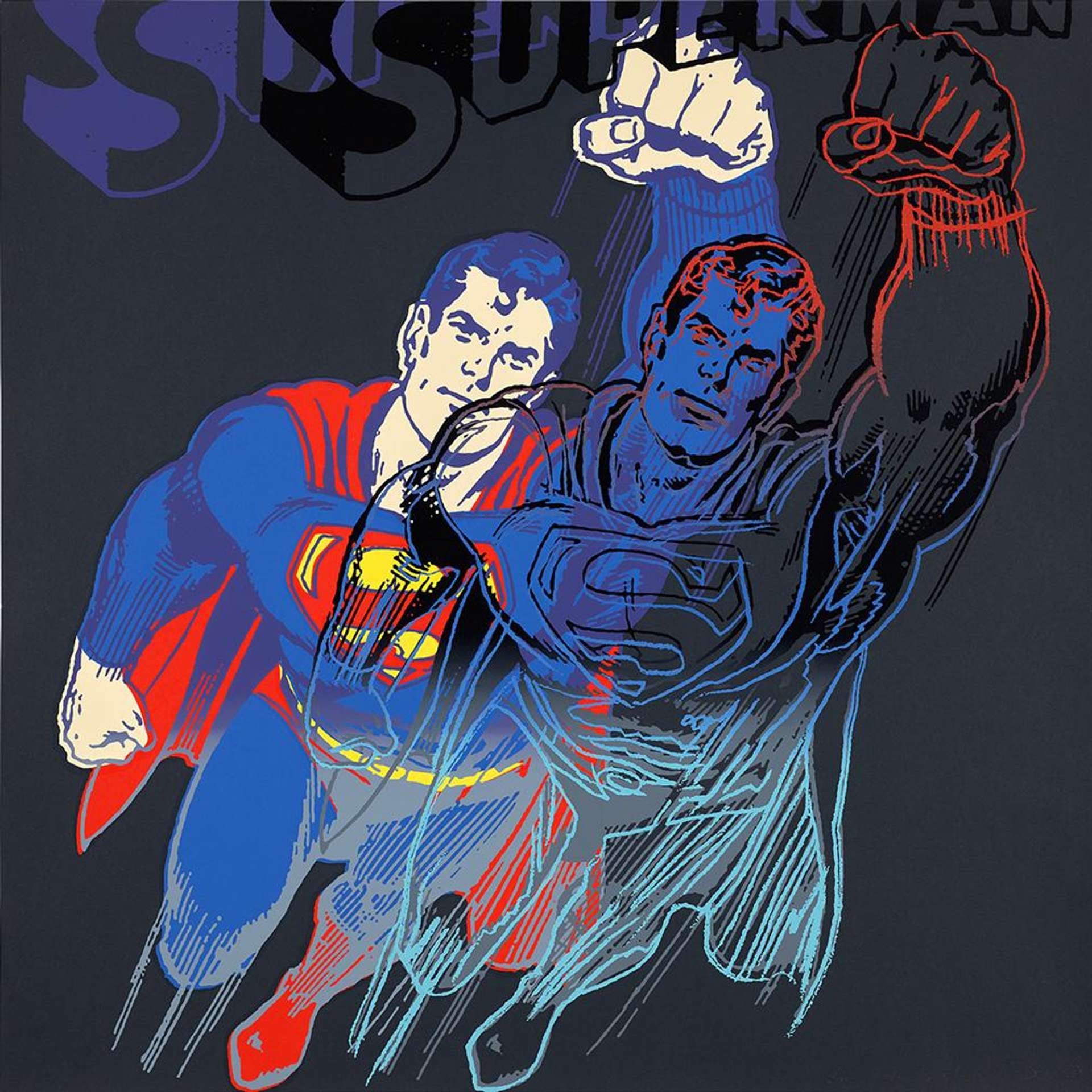 The print captures the essence of Warhol’s style as Superman is rendered in bright colours with bold gestural lines being used to add detail to the print. Warhol takes the conventional image of Superman wearing a blue suit and red cape, however the artist duplicates the figure and superimposes another version of Superman, using a lighter outline of the same image, to give the impression that Superman is being captured in mid-flight.