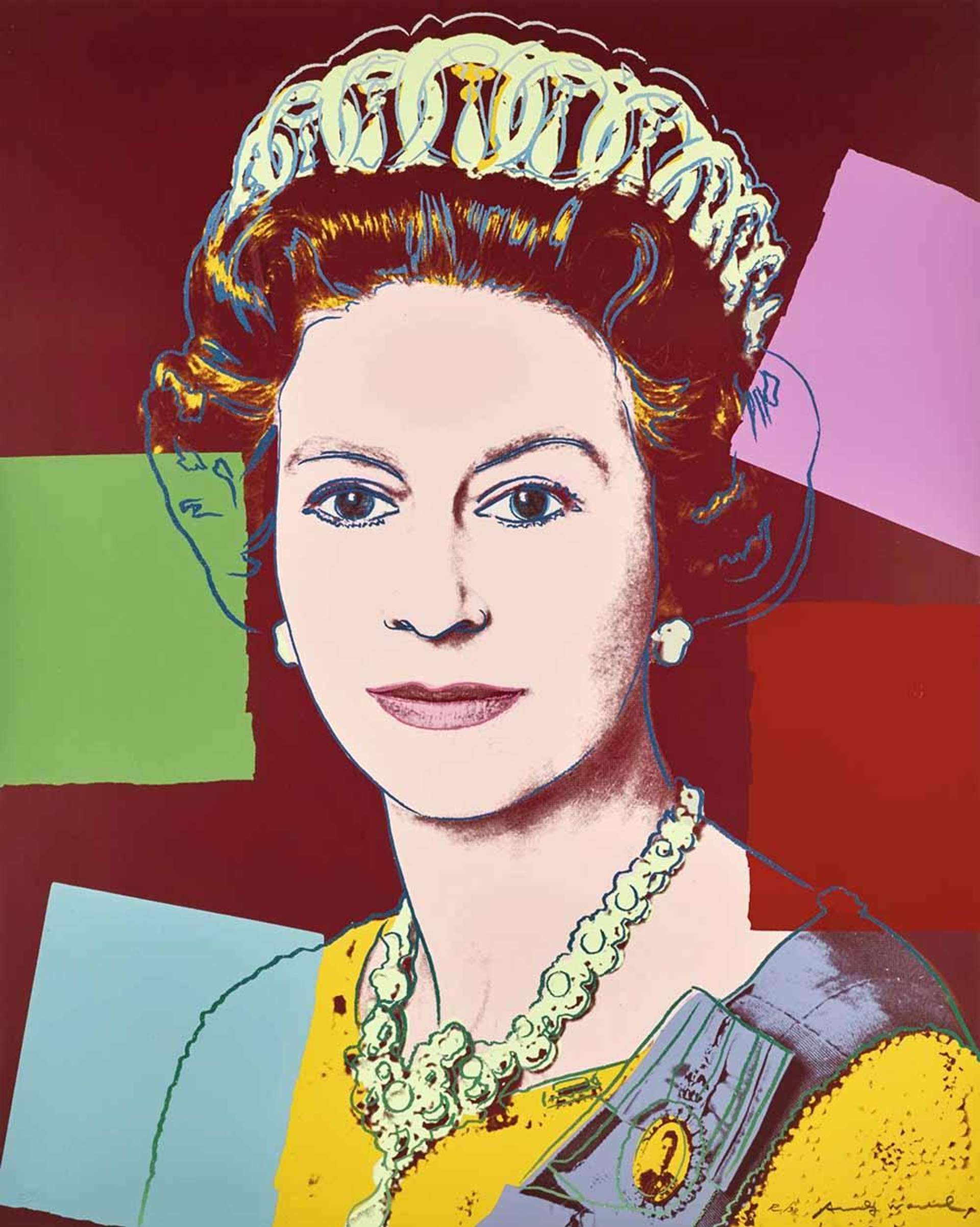 A screenprint by Andy Warhol depicting Queen Elizabeth II against a red background with collaged blocks of blue, green, pink and red.