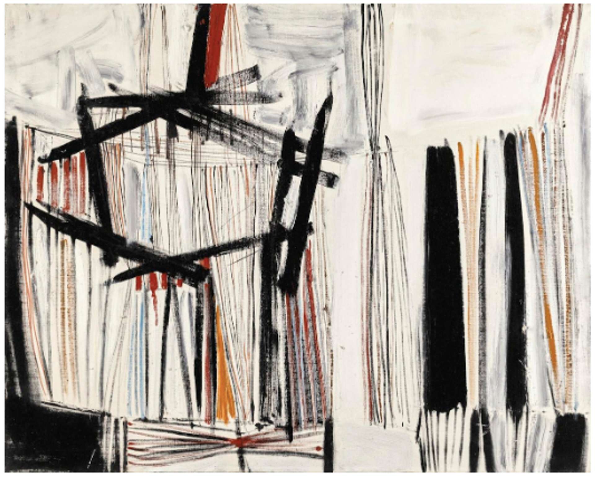An abstract painting with horizontal lines of varying thickness spanning the entire composition. Interrupting the lines are abstract geometric shapes positioned in the center of the canvas and near the bottom edge.