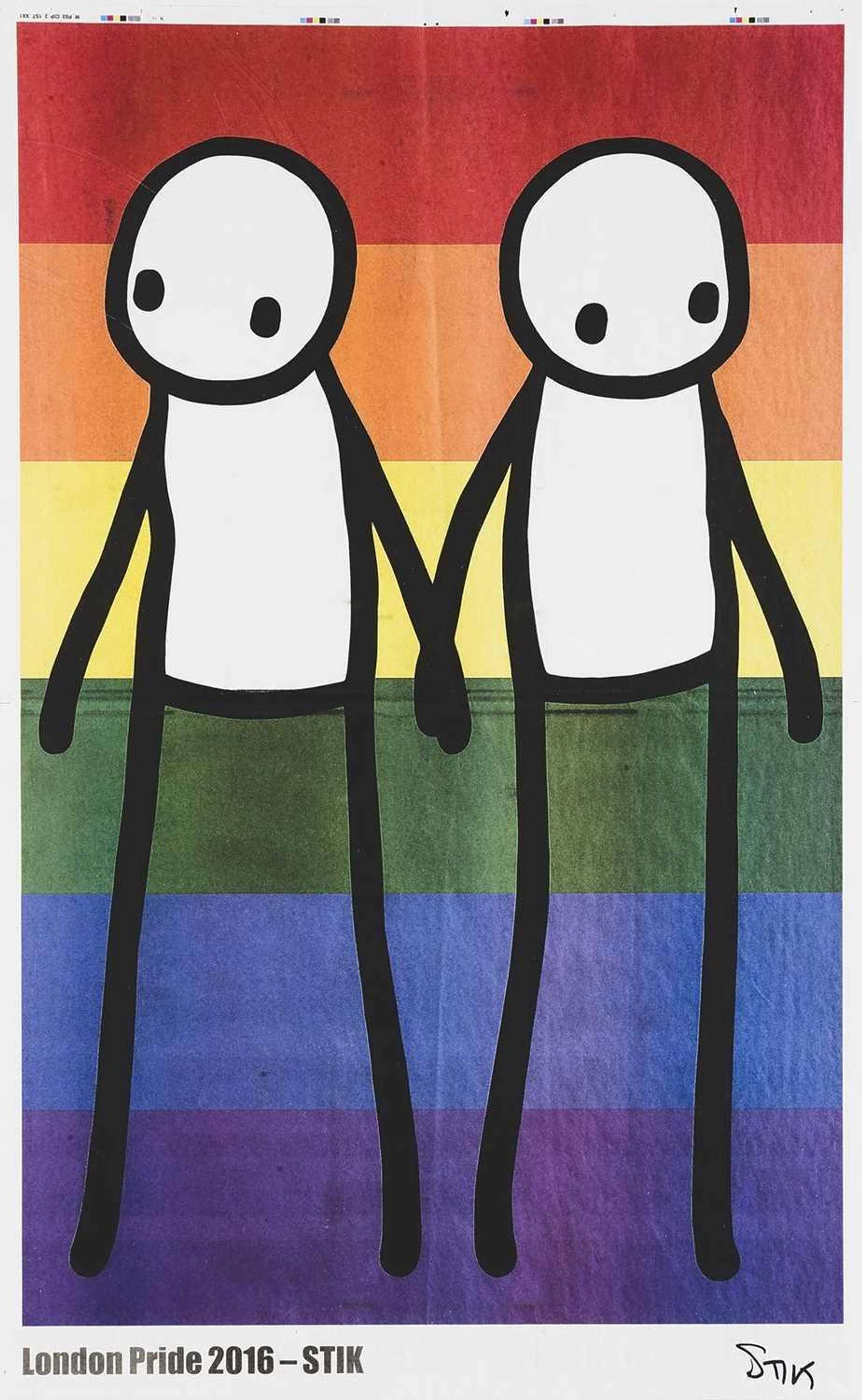 Pride by Stik (2019). The print features two stick figures holding hands, in front of a pride flag. The text at the base reads "London Pride 2016 - STIK".