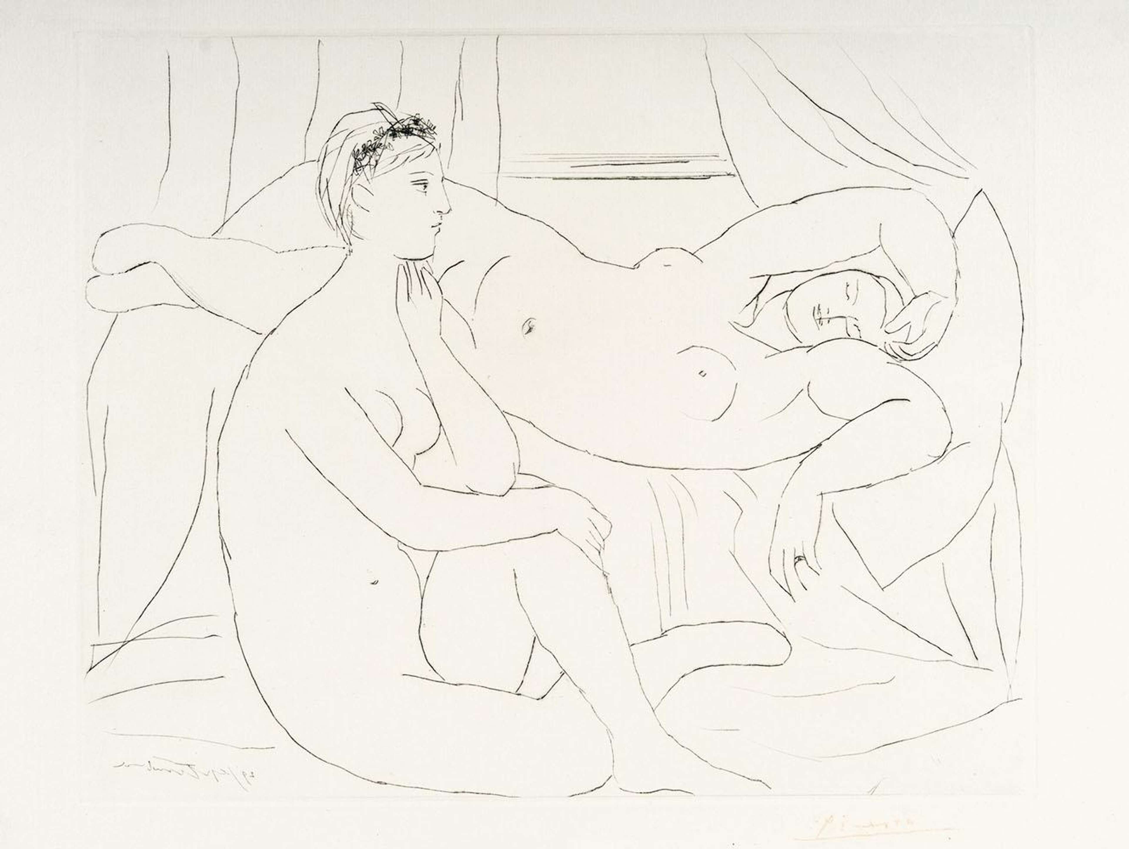 An image of the monochrome print Deux Femmes Se Reposant by Pablo Picasso, showing two nude females resting on a bed.