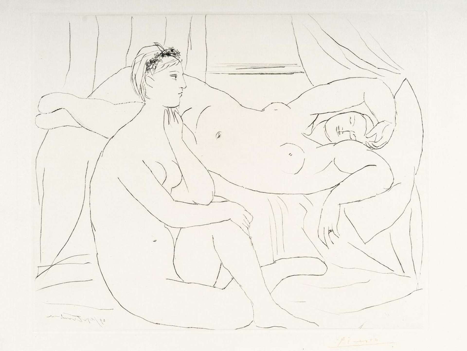 An image of the monochrome print Deux Femmes Se Reposant by Pablo Picasso, showing two nude females resting on a bed.