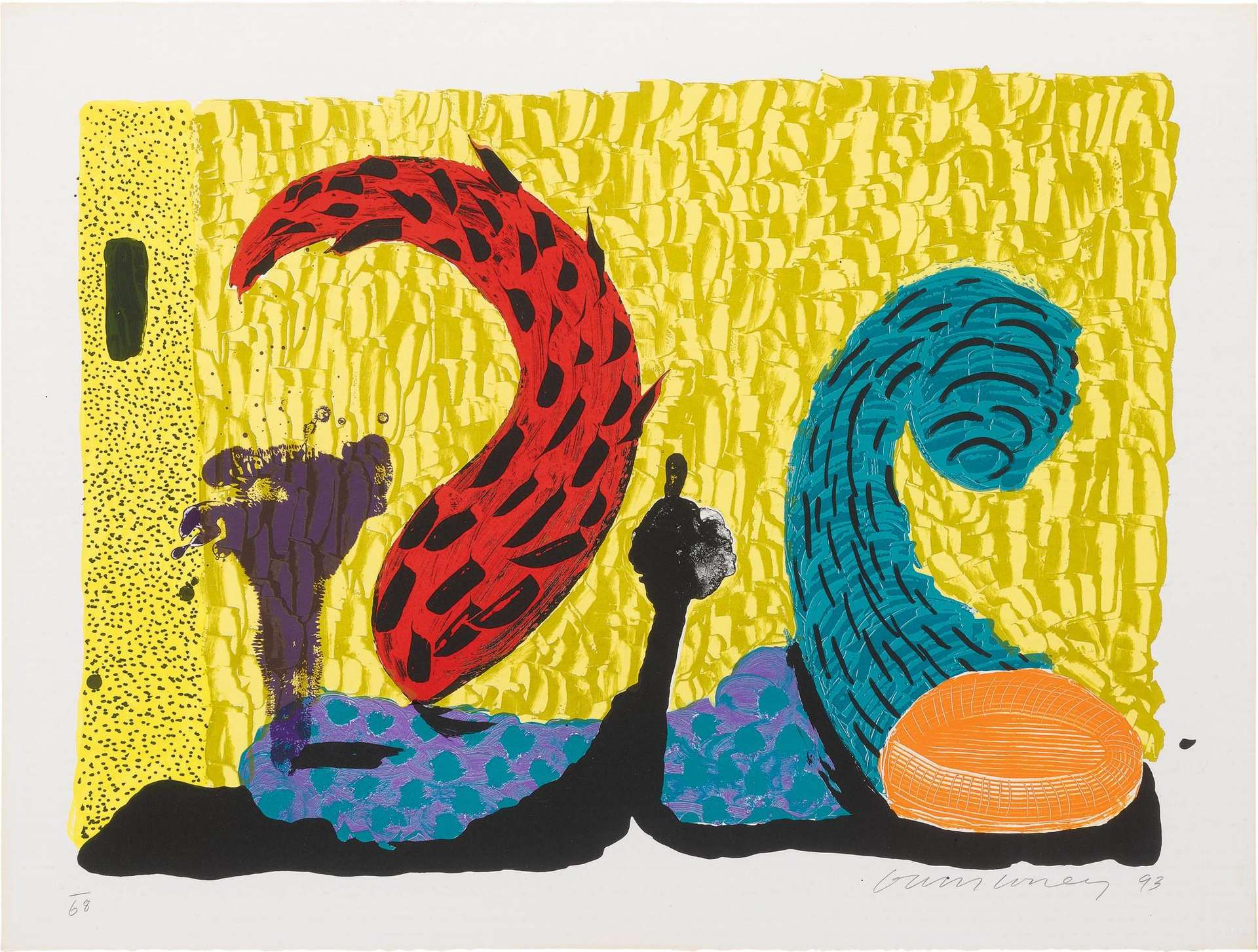 David Hockney’s Pushing Up. An etching of abstract figures and objects against a patterned, yellow background. 