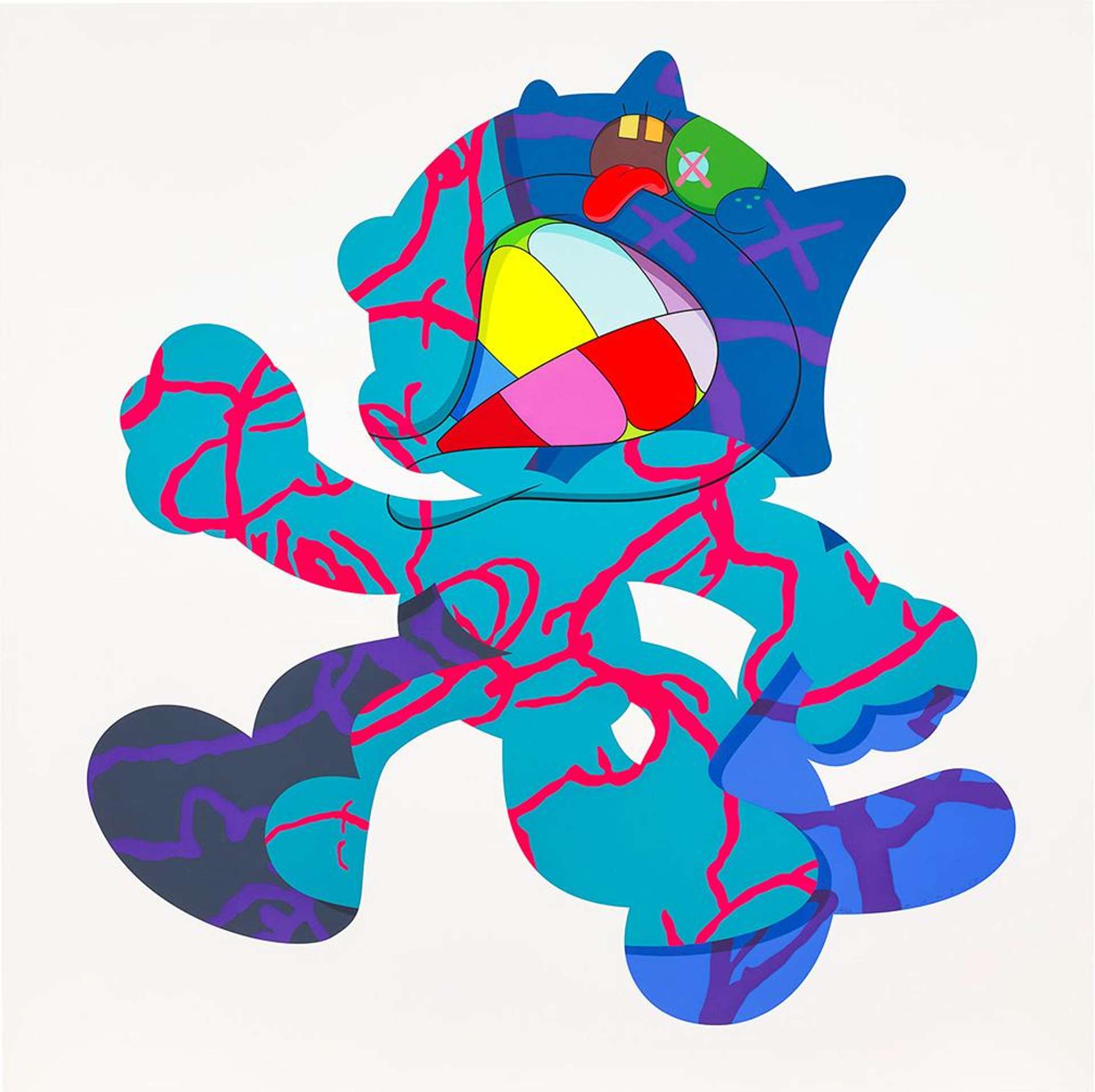 KAWS’ Ankle Bracelet. A screenprint of an animated character in shades of blue with pink and purple accents drawn throughout. Its teeth are multicoloured and exposed on one side. 