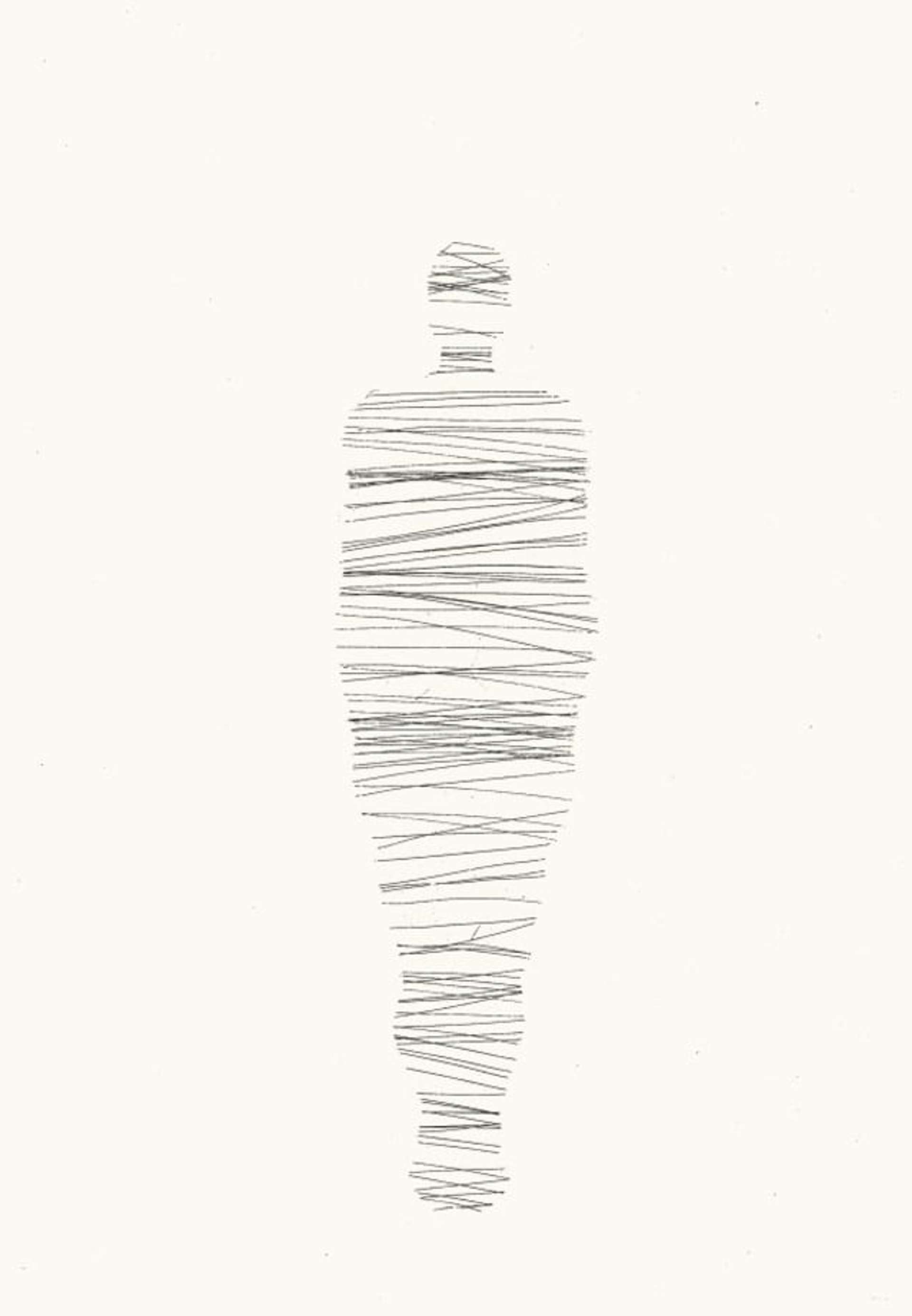 An image of the print Bind by Antony Gormley: a human silhouette drawn in straight black lines against a white background.