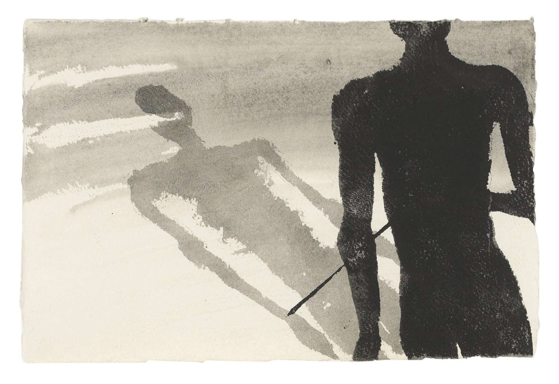 A print by Antony Gormley, depicting a figure touching its shadow with a stick. Both figures are in gradients of black and grey against a white background.