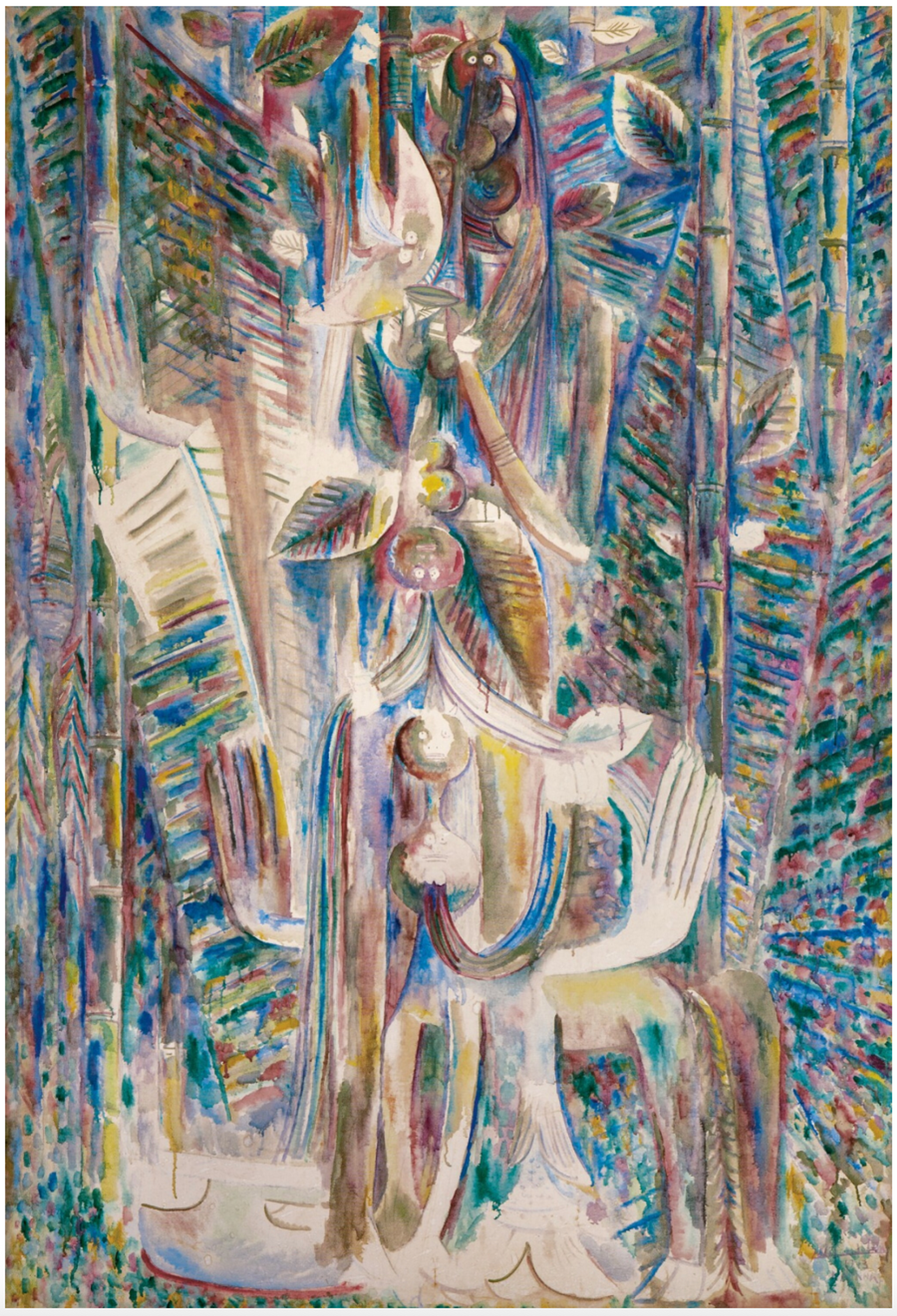 A vertical painting featuring abstracted, interwoven shapes that appear to combine human and animal elements against a background of palm-frond-shaped patterns in vibrant blues, pinks, purples, whites, golds, and greens. The elongated, stylised forms have mask-like features and sharp, angular limbs.