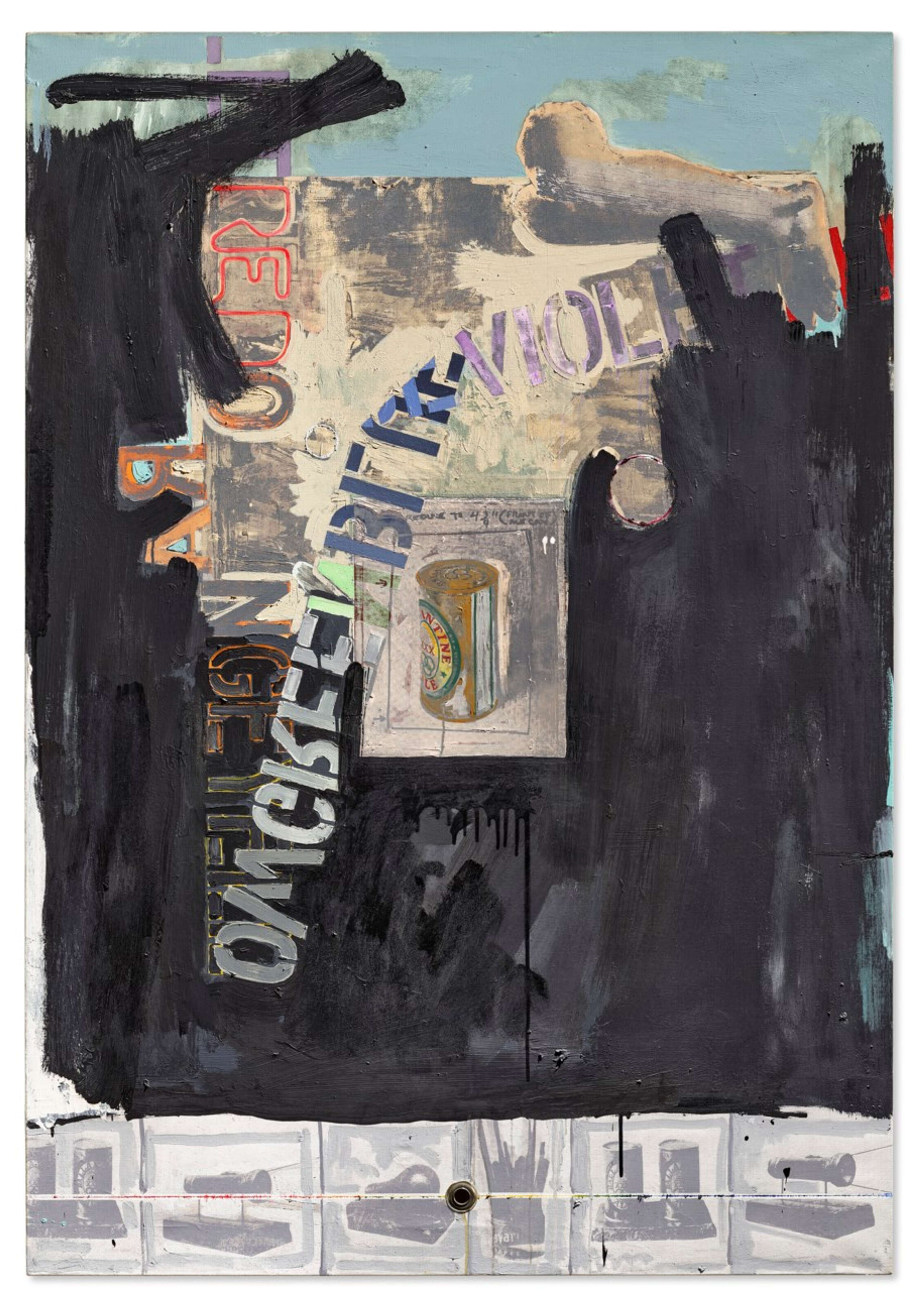 Mixed media artwork by Jasper Johns featuring predominantly gray gestural painting with a soft blue hue at the upper edge. The canvas displays stencilled, indecipherable words atop the abstract composition, while rectangular drawings and etchings adorn the lower edge.