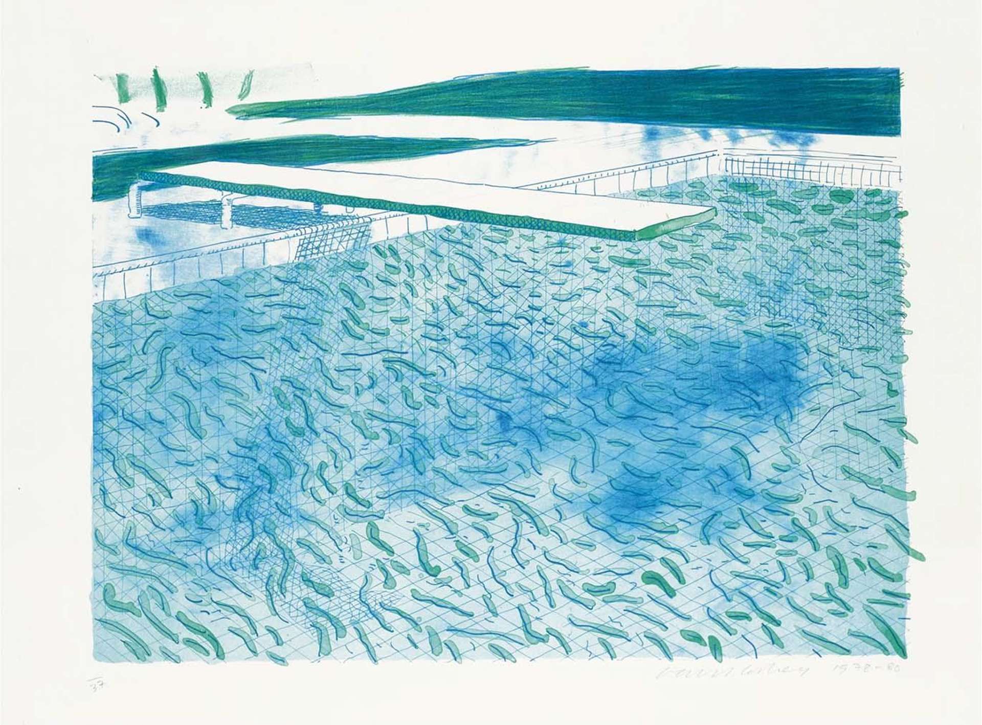 A swimming pool with a diving board protruding towards the centre of the composition from the left. The waves of the water are delineated with blue and green marks.