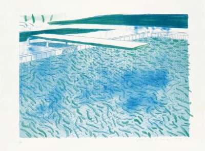 Lithograph Of Water Made Of Lines, A Green Wash, And A Light Blue Wash - Signed Print by David Hockney 1980 - MyArtBroker